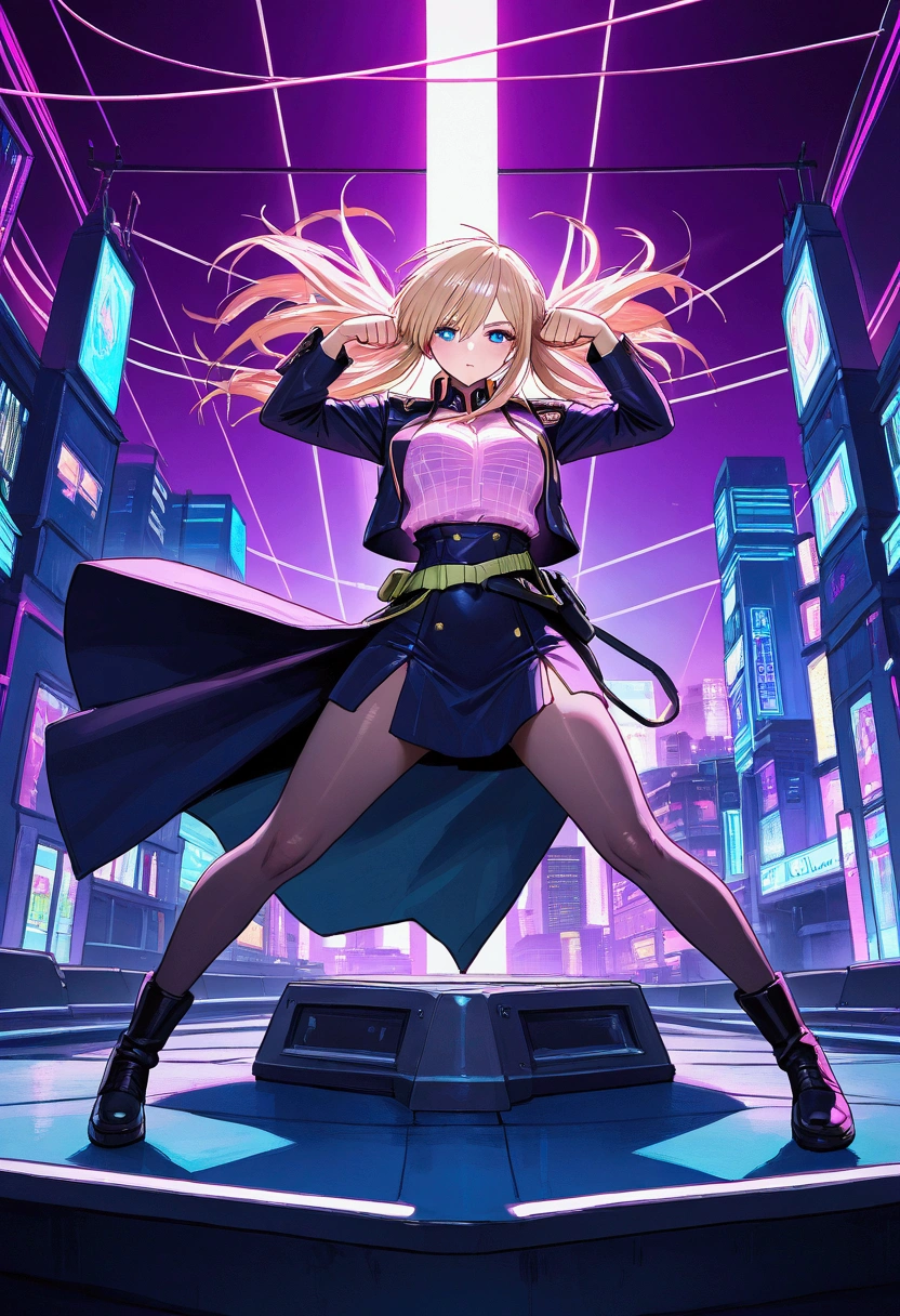 ((Dark magician girl)), 8k, Obra maestra, La mejor calidad, fotorrealista, Ultra detallado, 1 girl, textura realista de la piel, senos grandes, rojo perfecto erigido , Mira hacia el espectador, ((Vemos su abierto)), Camiseta suelta de medio corte,, Underboobs, debajo de los senos, Micro mini falda, , movie lighting, Enfoque facial, Ojos finos, Cara detallada, Cara bien iluminada, Rayos de sol, Ciudad ciberpunk al aire libre de fondo, Low-angle shot, Vista desde abajo