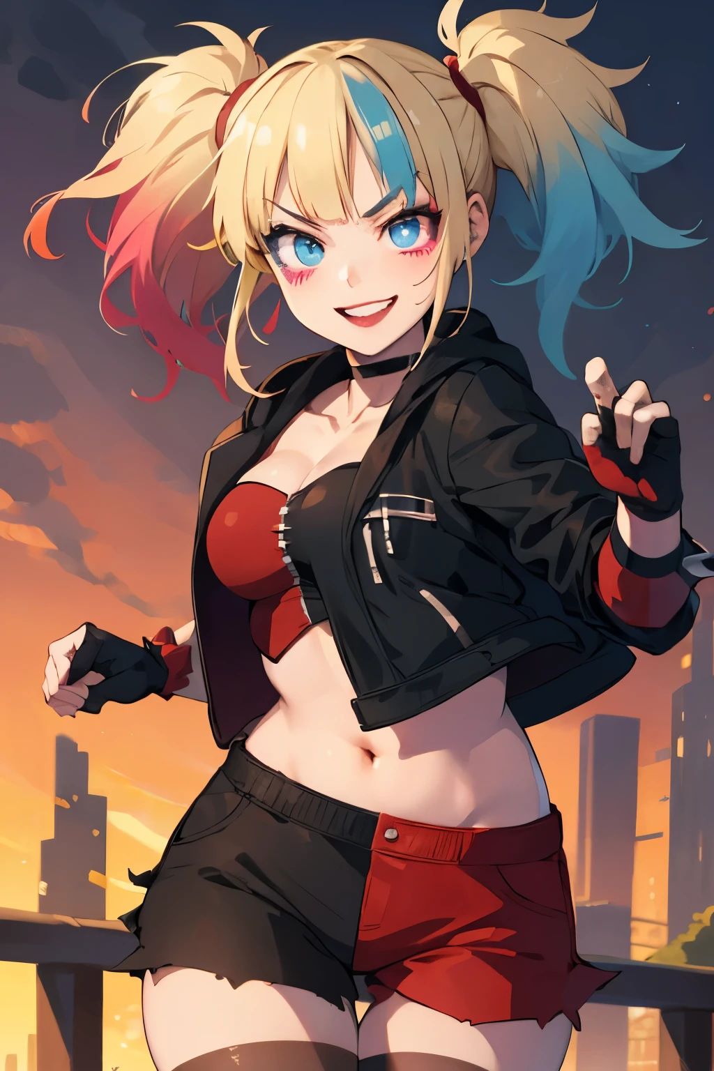 (masterpiece, best quality:1.2), solo, 1girl, isekaiharley, smile, looking at viewer, running, twintails, v-shaped eyebrows, two-tone jacket, crop top, short shorts, torn pantyhose, fingerless gloves, choker, spiked bracelet, cityscape scenery, running, sunset 