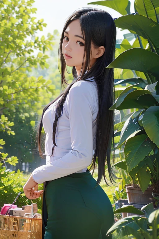 (ultra high res.photorealistic:.1.4,UHD), (best quality, 4k, 8k, high-res, masterpiece:1.2), ultra-detailed, (realistic, photorealistic, photo-realistic:1.37), (beautiful detailed, extremely detailed), perfect lighting, vivid colors, ( shiny hair, shiny skin), back shot, from below, standing and looking at the viewer, outdoor background, Burmese girl, no outfit, wearing acmm top, (blue) acmm top, long sleeves, buttock, view , clear view.