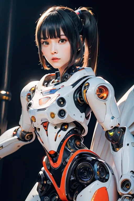 (highest quality)), ((masterpiece)), (very detailed: 1.3), 3D, japanese young girl wears a futuristic gundam mecha(gundam), with headgear, With V fins , ((unarmored cleavage)), ((unarmored stomach)), ((unarmored upper arm)), ((face without armor)), (unarmored hand), ((unarmored waist)), ((thighs without armor)), (unarmored ankle), Japanese girl wears Japanese striped panties bikini under armor, Visible lateral breasts, cute, (cute:1.2), (bob cut:1.3), black hair, thick eyebrows, light colored iris, big, shining black eyes, long eyelashes, small, pale natural lips, (Average Japanese idol face), (日本人特有のbaby face:1.3), (baby face), wide forehead:1.2, plump cheeks, small chin, Multilayer texture perfect proportions, octane rendering, duotone lighting, Low ISO, wide aperture, White balance, Rule of thirds, Ultra HD16k, HDR (high dynamic range), ray tracing, NVIDIA RTX, super resolution, unreal 5, Scattered beneath the surface, PBR texturing, Post-processing, anisotropic filtering, Depth of bounds written, Maximum clarity and clarity, High efficiency subpixel, subpixel convolution, particles of light, scattered light, Tyndall effect, whole body:1.5, Front view, (Mecha wing), (gundam風の武器を持っている:1.2),(Standing in Cyberpunk City),