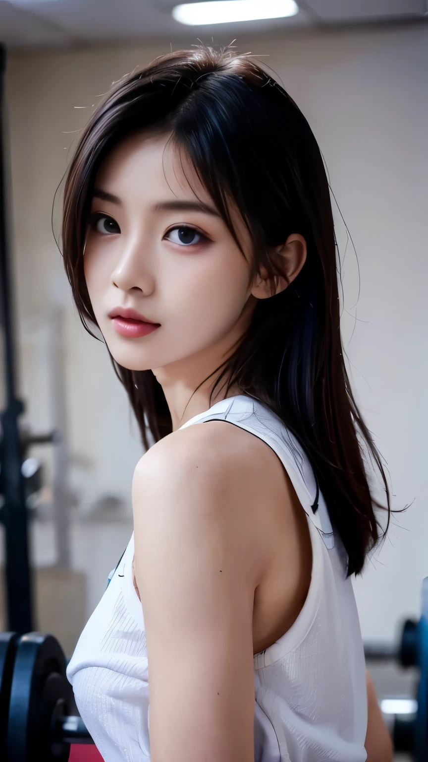 Slender Asian girl, Kpop idol, ((gym uniform)), ((Top quality, 8K, Masterpiece: 1.3)), Clear focus: 1.2, Beautiful woman with perfect figure: 1.4, Highly detailed face and skin texture, Detailed eyes, ((Skinny)), Beautiful face, Symmetrical face, whole-length, Sexy, Almost naked, In the gym