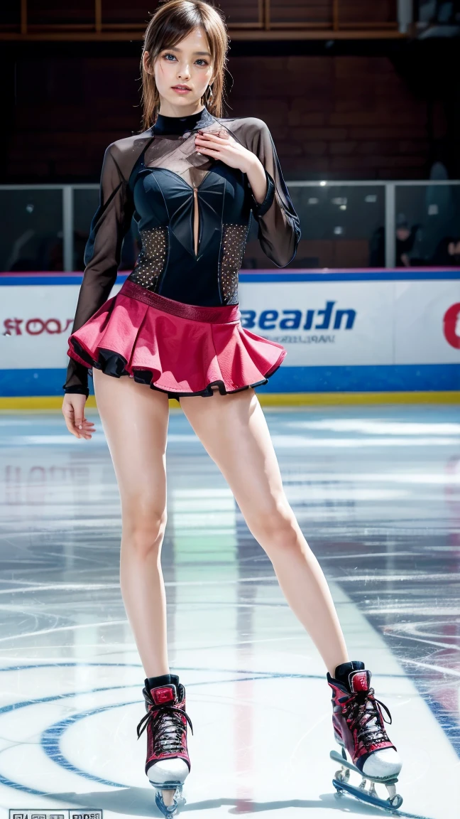 (8k, best quality:1.3), (extremely detailed:1.2), perfect anatomy, beautiful Japanese woman, 18 years old, healthy thighs, beautiful legs, beautiful skin, random hair color, random hairstyle, large breasts, (she is standing:1.2), female figure skater, figure skating outfit, (miniskirt:1.3), full body shot, skate shoes, skating rink, Sayaka Yamamoto