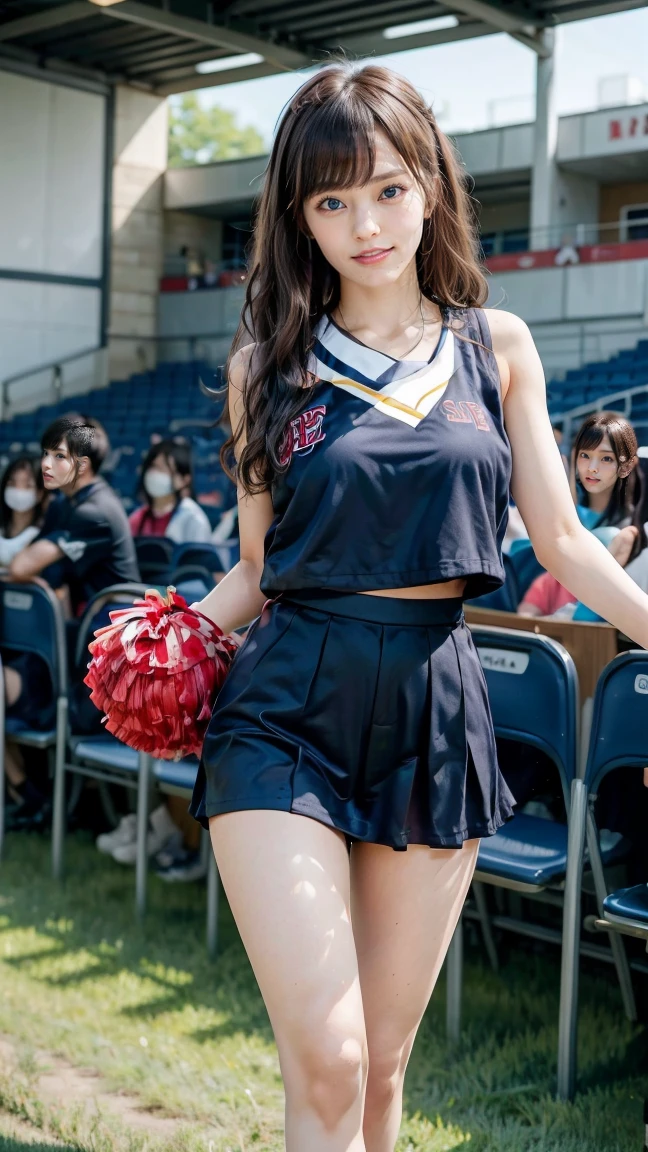 A beautiful young Japanese woman, 20 years old, with perfect anatomy, healthy thighs, beautiful feet, flawless skin, random hair color and style, large bust, (she is standing:1.2), wearing a cheerleader uniform with micro-pleated miniskirt, in a full body shot, standing in a stadium, (best quality,4k,8k, highres, masterpiece:1.3), (extremely detailed:1.2), Sayaka Yamamoto