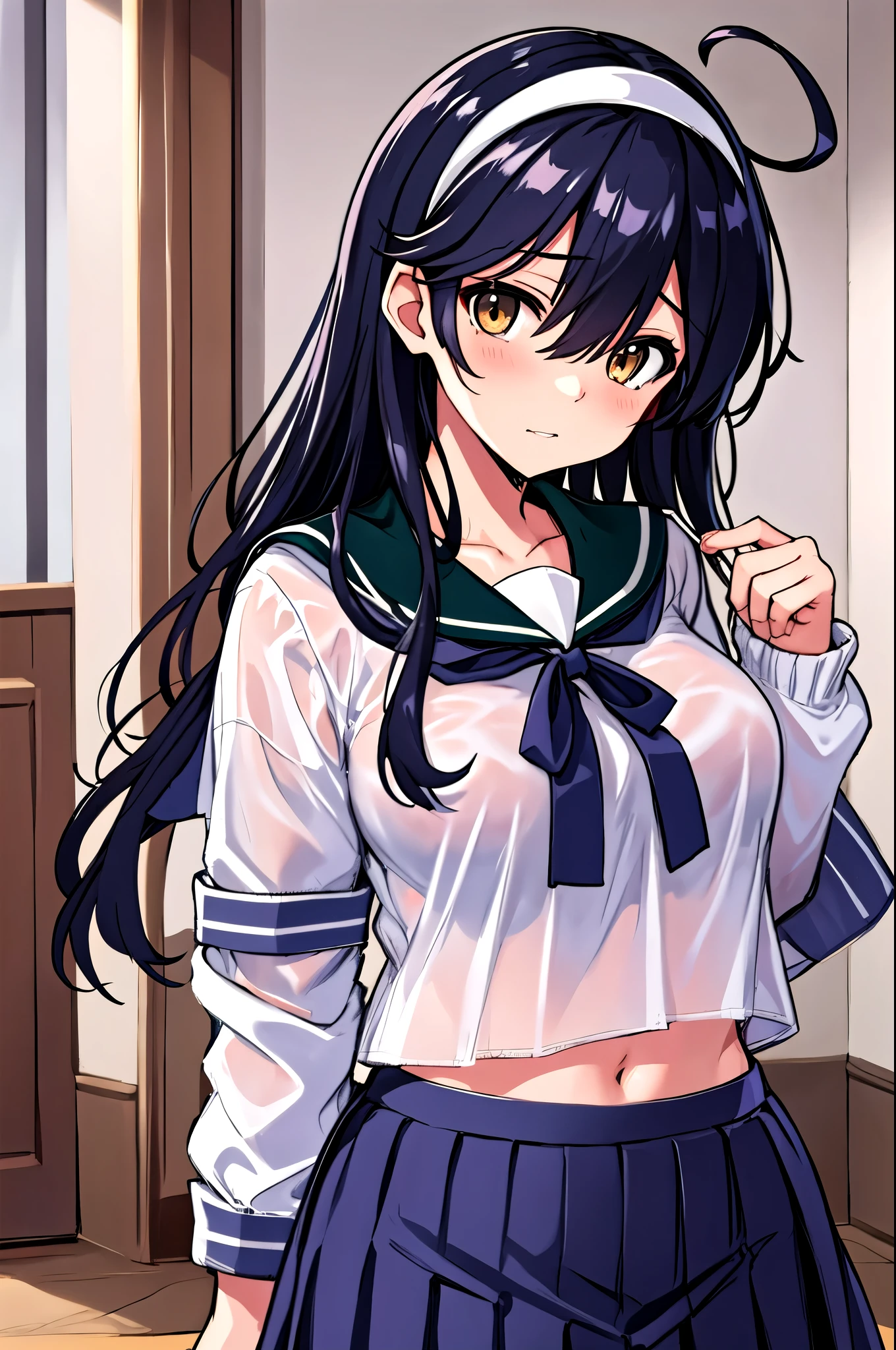  top quality,   masterpieces during breakfast ,  high definition , Alone, {Ushio_  fleet collection in h:1.15}, 長hair, 黒hair, Ahoge, 茶色eye, , chest,  sailor suit , 大きいchest,  1 girl, 青 sailor color, ,  sailor color,  school uniform, 青 skirt,  cardigan, Living Room Background,  skirt,  office background,  headband, プリーツ skirt, 白 headband, hair_between_eye,  lean forward ,  Watch viewers,  Dutch angle,  Cowboy Shots,