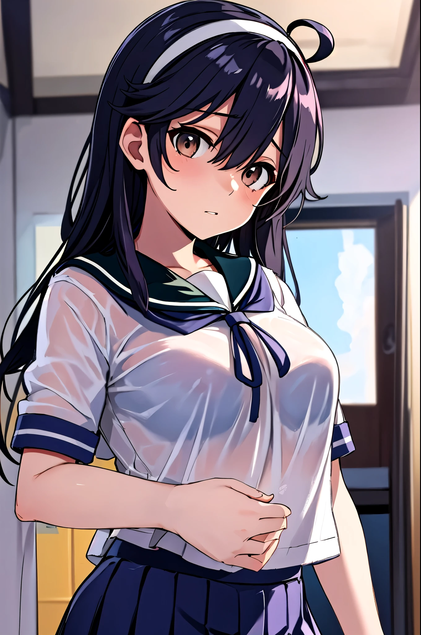  top quality,   masterpieces during breakfast ,  high definition , Alone, {Ushio_  fleet collection in h:1.15}, 長hair, 黒hair, Ahoge, 茶色eye, , chest,  sailor suit , 大きいchest,  1 girl, 青 sailor color, ,  sailor color,  school uniform, 青 skirt,  cardigan, Living Room Background,  skirt,  office background,  headband, プリーツ skirt, 白 headband, hair_between_eye,  lean forward ,  Watch viewers,  Dutch angle,  Cowboy Shots,