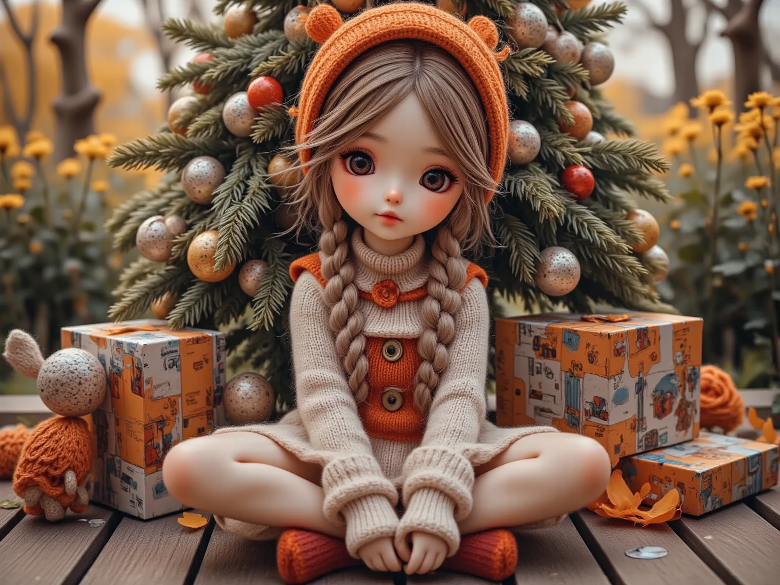 (  masterpiece,   best quality pieces of fabricsstücke aus Stoff:1.2), 1 white girl, (( in a Santa Claus costume )), Wide angle, On eyes height ,  sits on the ground ,  between Christmas gifts ,  behind her a Christmas tree , Very many details, ChristmasDecorativeStyle, ( masterpiece:1.3) ( best quality pieces of fabric:1.2) ( high quality:1.1)