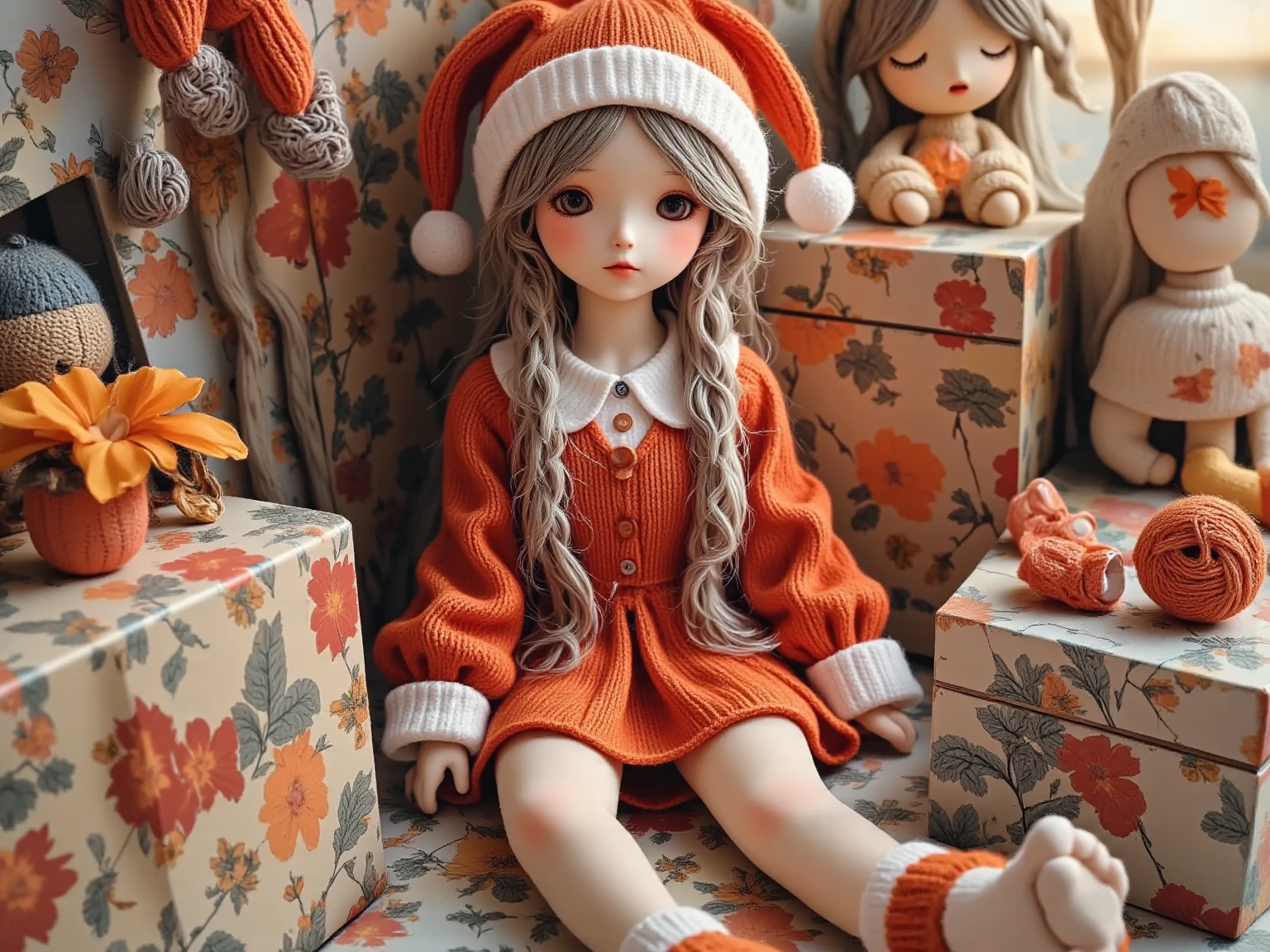 (  masterpiece,   best quality pieces of fabricsstücke aus Stoff:1.2), 1 white girl, (( in a Santa Claus costume )), Wide angle, On eyes height ,  sits on the ground ,  between Christmas gifts ,  behind her a Christmas tree , Very many details, ChristmasDecorativeStyle, ( masterpiece:1.3) ( best quality pieces of fabric:1.2) ( high quality:1.1)