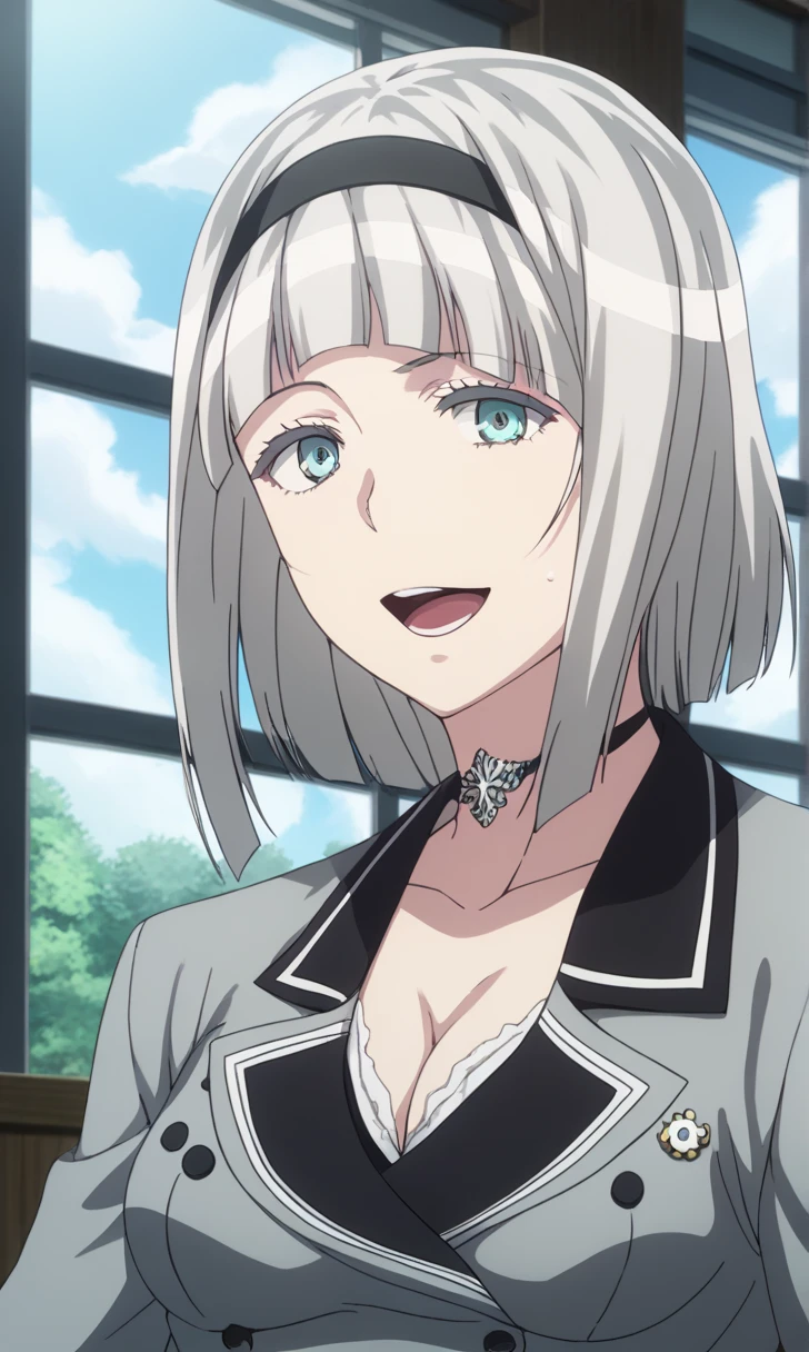  1 girl, Alone,   masterpieces during breakfast ,  top quality,   detailed face ,Detailed body, Anime Screen Capture ,
 Shimoneta , Anna_nishikinomiya,  1 girl, Alone,  short haired , Grey Hair,  headband, ,   choker, chest, large chest, School, yandere, open mouth, Shimoneta,