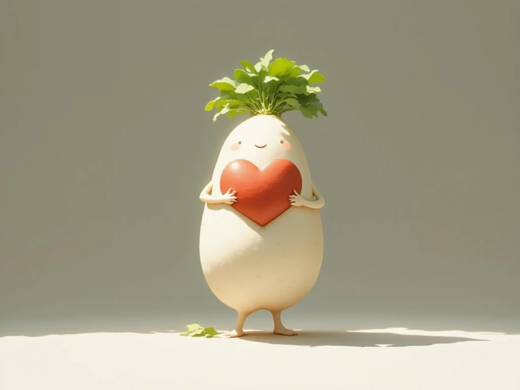 masterpiece,1 cute Daikon character,hugs a big heart,heart is colorful,happy moment, indoor,cute room,最 High Quality ,  can cover high detail ,  high image quality model ,  High Quality ,  textured skin, 8k, anime style, 