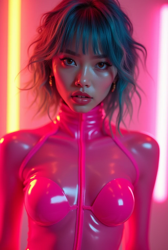 neongirls a nude naked sexy asian woman, provocative makeup, (mimic wrinkles:1.2), (pixie tomboy haircut), slim body, perfect breasts, (laying on bed:1.2), detailed face, high quality, very sharp, intricate detail, professional photography <lora:mof-neongirls-v1_0:0.7>