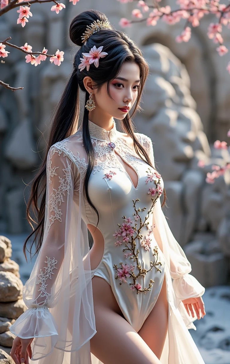 top-quality, tmasterpiece, A high resolution,The eyes are beautiful, (realistically: 1.4), 1 plump girl (( Anne Hathaway:Selena Gomez:0.6))
(((Best quality))), tmasterpiece,Complicated details, depth of fields,Best quality,The content very detailed,A high resolution,4K,超A high resolution,detailed shadow,hyper realisitc,actual,dramatic lights,1 plump girl,Alone,Detailed faces,A detailed eye,Realistic skin,Imagine the scene under the charming lights of the night cherry blossoms , There are stunning beauty there, Reminiscent of a modern girl, Strike a provocative yet elegant pose. Her outfit a blend of tradition and modernity, Wearing a kimono style dress,clinging to her silhouette, Subtly showing off her curveaintain elegance and charm at the same time. The fabric very delicate, almost translucent silk, Casts a captivating effect of light and shadow on her skin, Enhance attractive texture.
Her hair loose, modern updo, Place a few cherry blossoms strategically, Adding a touch of innocence to her otherwise seductive demeanor. Makeup bold yet tasteful, Highlight her stunning eyes and plump lips, Bend into mystery, A knowing smile.
The background blurred pink and white cherry blossoms, A few petals fell gently beside her. The lighting soft and atmospheric, evoke a sense of intimacy and mystery, hori'just like her'Share a taboo story. The camera angle dynamic, Capture her from a low angle, Emphasizing her majestic presence in the night sky.
Her pose blends confidence and vulnerability, Put your hands gently on her hips, Another person also extended his hand,As if inviting the audience into her mysterious world. The overall composition should convey a balance of eroticism and art, Breaking the boundaries of sexy,but did not enter a clear situation.