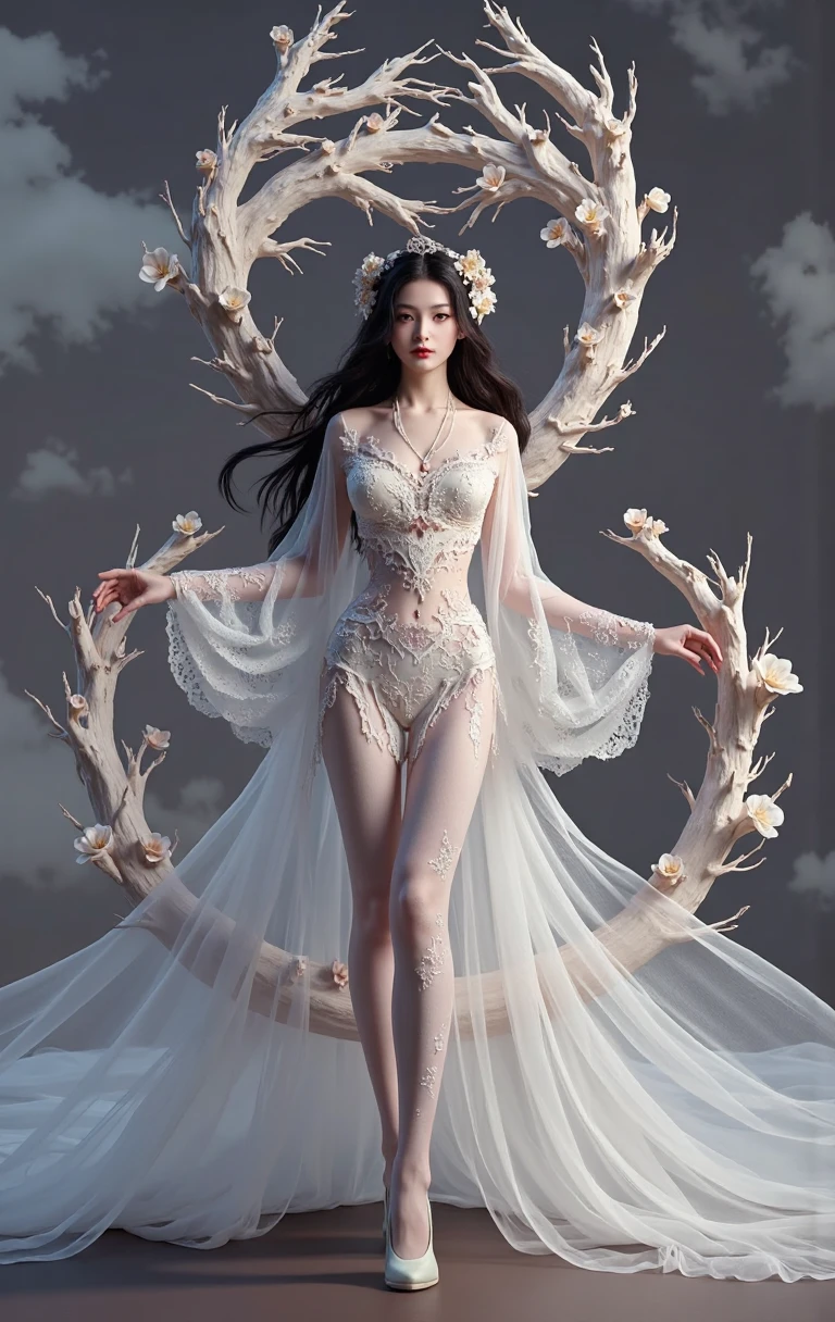 a close up of a woman in a white dress posing for a picture, intricate wlop, karol bak uhd, intricate body, fantasy long intricate gown, intricate outfit, extravagant dress, goddess. extremely high detail, full body cgsociety, fantasy dress, extremely detailed goddess shot, ethereal beauty, full - body majestic angel, intricate fantasy dress, intricate dress