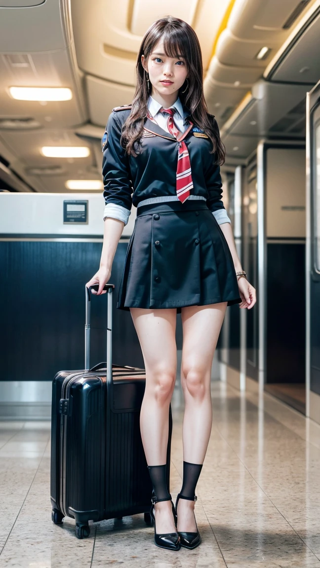 A beautiful, 24-year-old Japanese woman with perfect anatomy, healthy thighs, beautiful legs, beautiful skin, random hair color and style, large breasts, (wearing a flight attendant uniform with a mini-skirt:1.3), (she is standing:1.2), full body shot, pumps, carrying a suitcase, at the airport, (best quality,4k,8k,highres,masterpiece:1.3),(extremely detailed:1.2),realistic,photorealistic,photo-realistic:1.37,professional,vivid colors, studio lighting, Sayaka Yamamoto