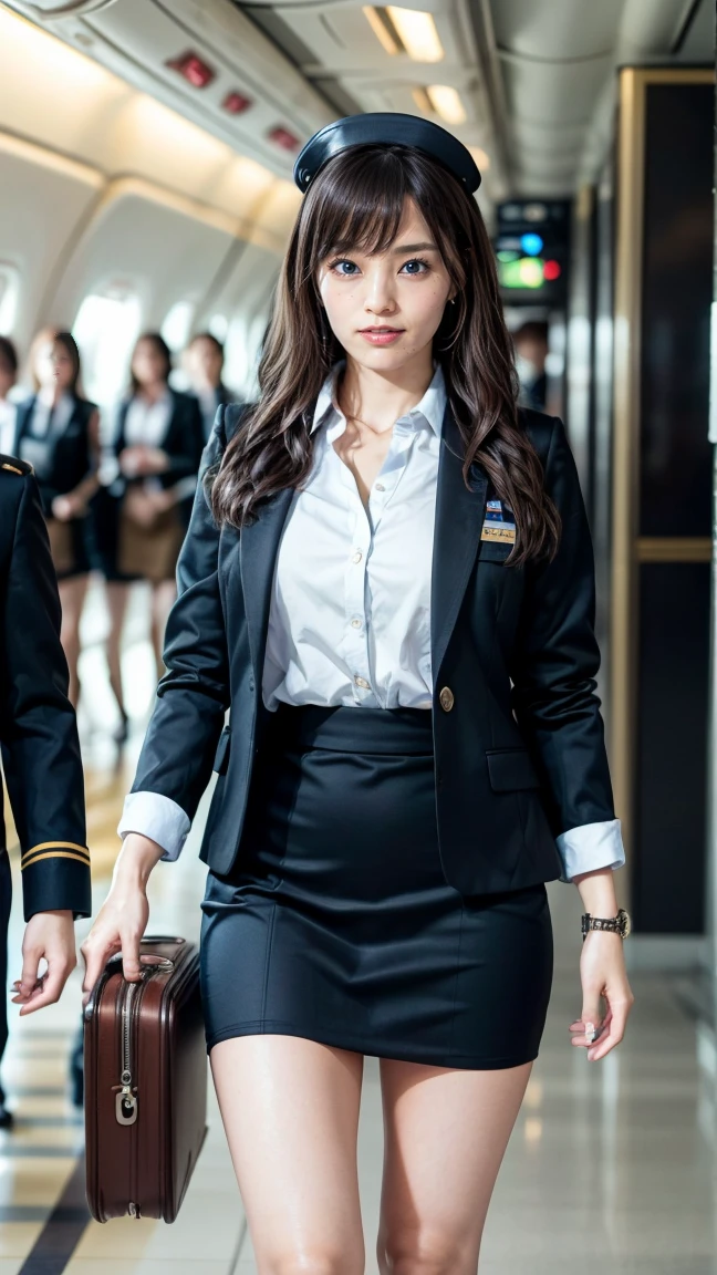 A beautiful, 24-year-old Japanese woman with perfect anatomy, healthy thighs, beautiful legs, beautiful skin, random hair color and style, large breasts, (wearing a flight attendant uniform with a mini-skirt:1.3), (she is standing:1.2), full body shot, pumps, carrying a suitcase, at the airport, (best quality,4k,8k,highres,masterpiece:1.3),(extremely detailed:1.2),realistic,photorealistic,photo-realistic:1.37,professional,vivid colors, studio lighting, Sayaka Yamamoto