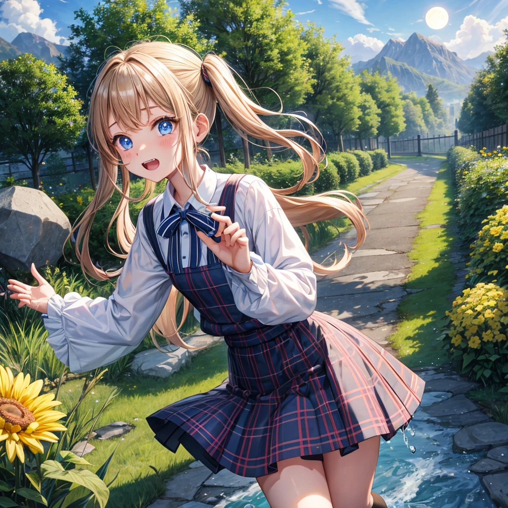 1girl, full body, solo, summer, village, trees, sun, clouds, ((rainbow colored hair)), ponytail, large breasts, button down, blue eyes, ((pale green silk shirt)), ((unbuttoned shirt)), unbuttoning buttons, popping buttons, ((short sleeved shirt)), ((light brown west sweeter)), black mini skirt, brown shoes, grin, looking at the viewer, standing, hair ribbon, cleavage, golden necklate