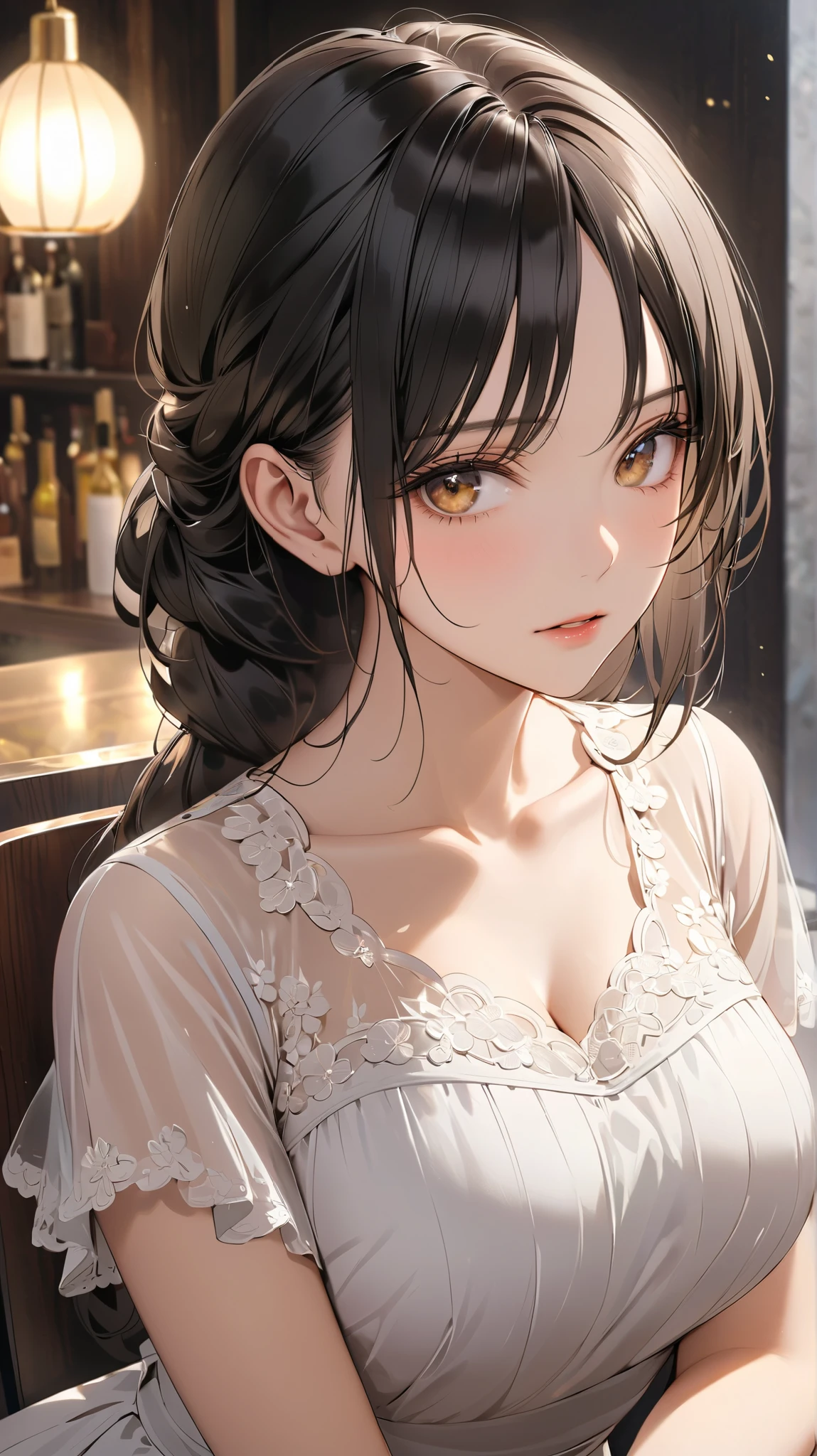Anime girl with long black hair sitting in a restaurant - SeaArt AI