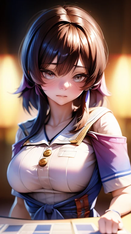 a cute anime teenage girl in a Japanese school uniform, wolf cut hairstyle, beautiful detailed face, perfect body ratio, (best quality,4k,8k,highres,masterpiece:1.2),ultra-detailed,(realistic,photorealistic,photo-realistic:1.37),HDR,UHD,studio lighting,ultra-fine painting,sharp focus,physically-based rendering,extreme detail description,professional,vivid colors,bokeh,portraits,anime