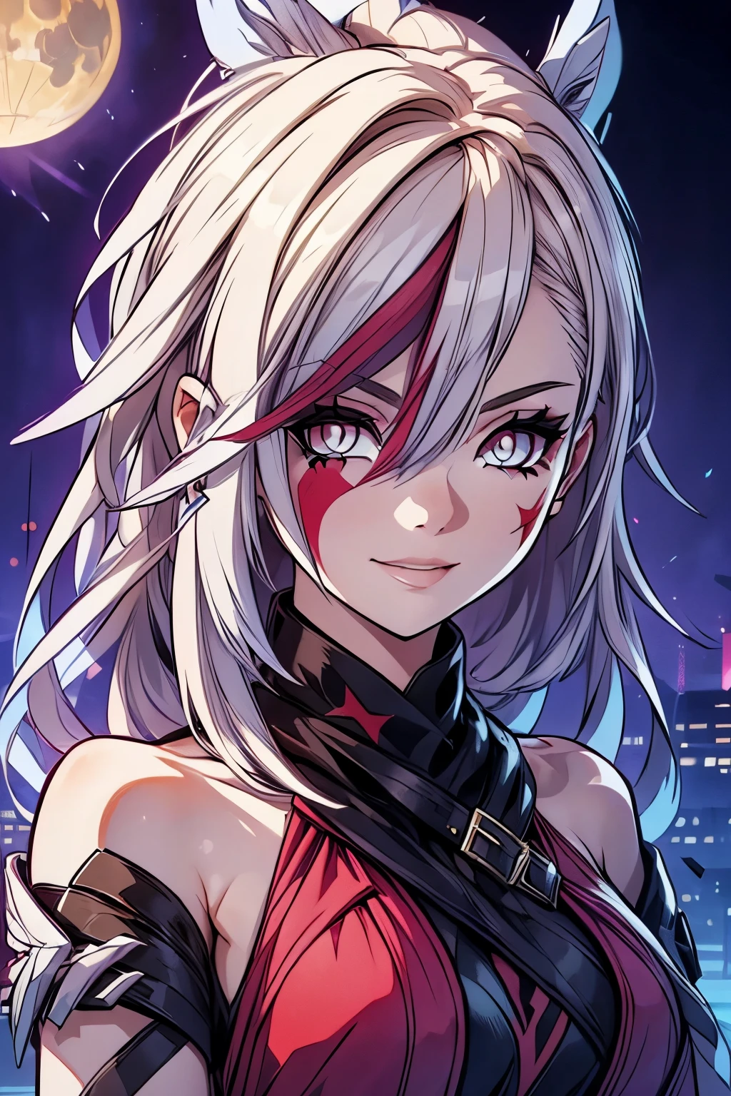 Perfil portrait image of a woman with long blond hair, with lots of red highlights, hair of two colors (blond and red) , big red bloody eyes, she wears secular clothes and has a lot ((tattoos on body)). She smiles like a villain,, Big Evil Smile, with a moon tattoo on his face, she is against the backdrop of a dark city, symmetrical face, ((symmetrical eyes)), high contrast, digital art trend on Artstation 8k HD high definition detailed realistic , hyper detailed,