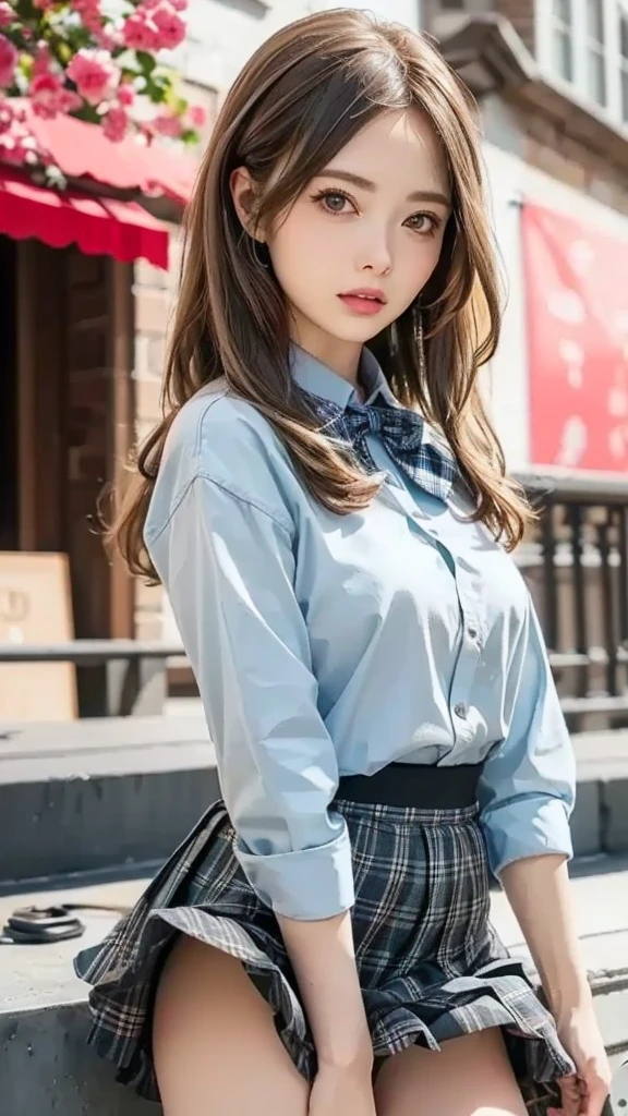 cowboy shot, from front, look at viewer, 
((nsfw)), (((skirt tug, wind lift:1.2))), 
(long hair:1.3, messy hair:1.2, silver hair), swept bangs, 
1 girl, high school girl, cute and symmetrical face, shiny skin, 
shiny pink cheeks, glossy pink lips, pink eyeshadow, Dark mascara, 
((symmetrical clothing, light blue collared shirts, grey pleated skirt, blue plaid bow tie), pink panty), black socks, 
(beautiful scenery), day time, school rooftop, 
Colorful background, HD background, Blurred Background, Fantastic, Epic Scale, 
high quality, masterpiece, 4k, 8k, raw photo, Highly Detailed Face and Skin Texture, 
Depth of written boundary, Very elegant and beautiful, Perfect detail, Super detailed, Beautifully detailed whole body, 
