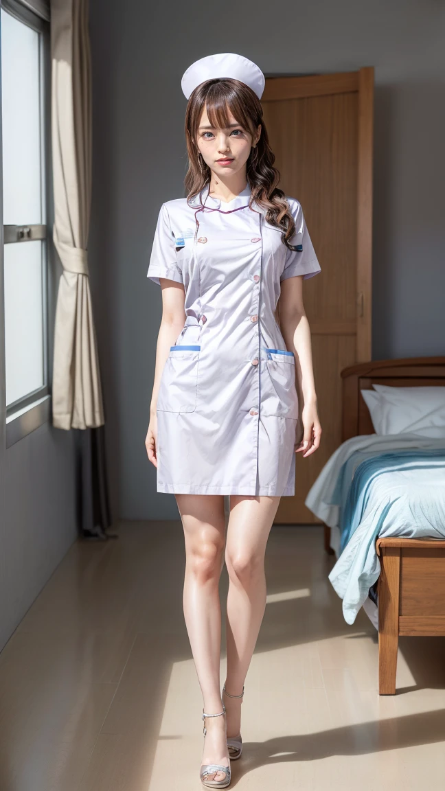 a beautiful young 24-year-old Japanese woman, beautiful, detailed anatomy, beautiful skin, random hair color and hairstyle, big breasts, nurse hat, (nurse uniform:1.3), nurse cap, (she is standing:1.2), full body shot, high heels, hospital, (best quality,8k, masterpiece:1.3), (extremely detailed:1.2), Sayaka Yamamoto