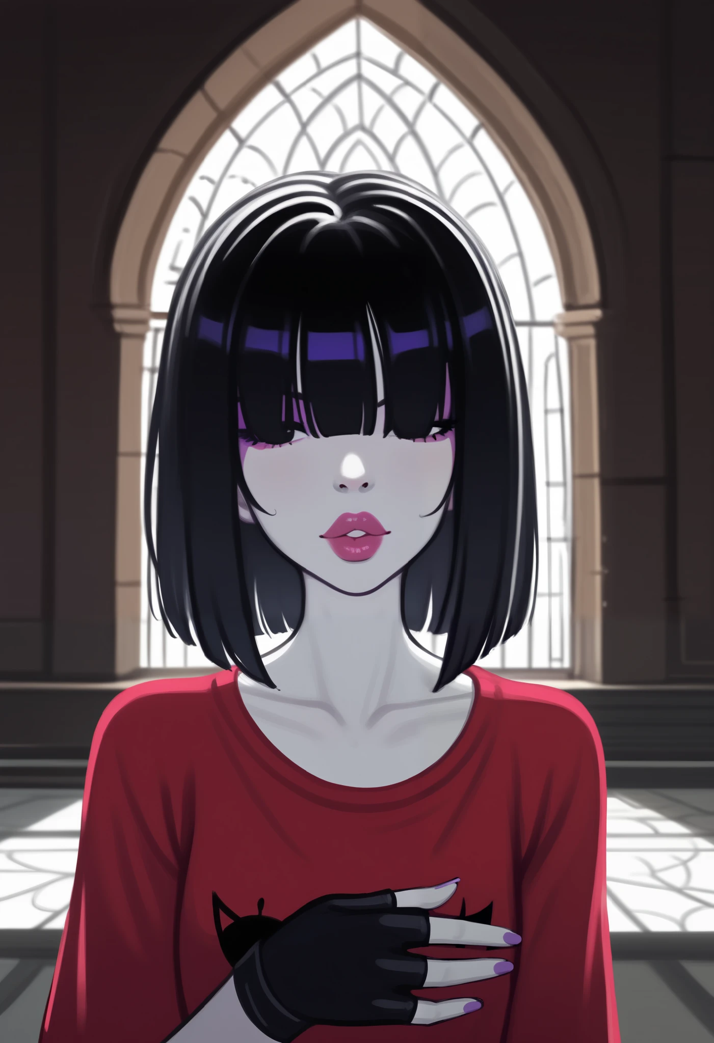 , detailing face, detailing body, hair over eyes, hair covering one eye, Lydia1, 1girl, solo, white skin, black hair, topknot, blunt bangs, purple eyeshadow, pink eyeshadow, black eyes, lipstick, ((ostentatious outift with a spiderweb design)), black fingerless gloves,  volumetric and specular moonlight, (saggy chest) (haunted poolside by tim burton), inside a satanic temple at night, g4n1m3 (wet huge lips)