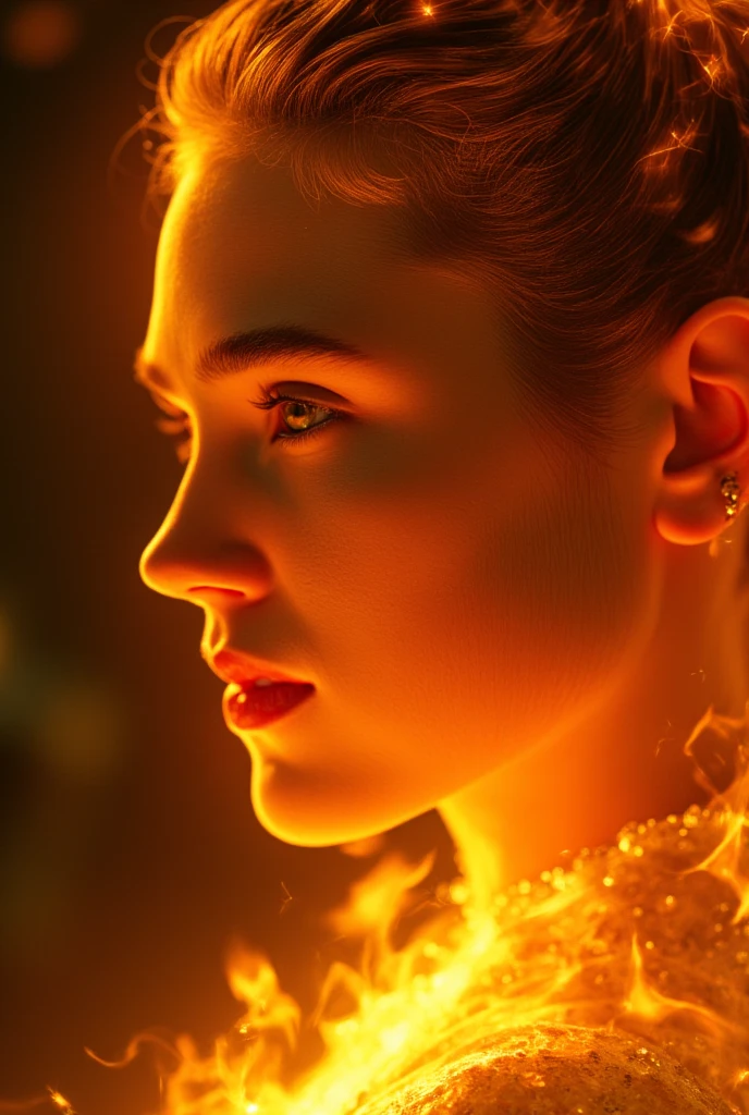 A vivid close-up of Jennifer Connelly reimagined as an ethereal being composed entirely of fire. Her face, a masterpiece of living flame, flickers with radiant hues of deep amber, golden yellow, and intense crimson, each color dancing and shifting like molten silk. The delicate curves of her high cheekbones and finely arched brows are sculpted from tongues of fire, their fluid motion giving her an almost divine vitality. Her piercing green eyes remain untouched by the flames, glowing softly with an otherworldly light that contrasts the fiery intensity surrounding them, as though holding onto a trace of her human essence. Her hair cascades outward in waves of blazing fire, each strand igniting and dissipating into embers that float gently into the unseen space beyond the frame. The edges of her features shimmer with radiant heat, creating a mesmerizing interplay of light and shadow that emphasizes her flawless, incandescent form. The flames forming her lips burn a deeper crimson, their soft movement adding a subtle expression of calm strength and wisdom. The background is a dark, smokey void, where faint tendrils of glowing ash and sparks swirl in the distance. The darkness amplifies the brilliance of her fiery form, casting flickering reflections across the frame. The heat from her form distorts the air, creating a rippling effect around her, as if her presence alone reshapes reality. The scene captures an awe-inspiring balance between power and elegance, transforming her visage into an unforgettable embodiment of elemental beauty.