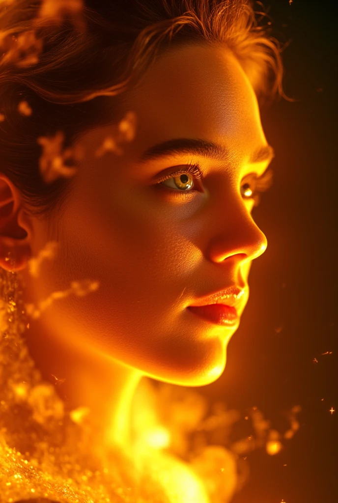 A vivid close-up of Jennifer Connelly reimagined as an ethereal being composed entirely of fire. Her face, a masterpiece of living flame, flickers with radiant hues of deep amber, golden yellow, and intense crimson, each color dancing and shifting like molten silk. The delicate curves of her high cheekbones and finely arched brows are sculpted from tongues of fire, their fluid motion giving her an almost divine vitality. Her piercing green eyes remain untouched by the flames, glowing softly with an otherworldly light that contrasts the fiery intensity surrounding them, as though holding onto a trace of her human essence. Her hair cascades outward in waves of blazing fire, each strand igniting and dissipating into embers that float gently into the unseen space beyond the frame. The edges of her features shimmer with radiant heat, creating a mesmerizing interplay of light and shadow that emphasizes her flawless, incandescent form. The flames forming her lips burn a deeper crimson, their soft movement adding a subtle expression of calm strength and wisdom. The background is a dark, smokey void, where faint tendrils of glowing ash and sparks swirl in the distance. The darkness amplifies the brilliance of her fiery form, casting flickering reflections across the frame. The heat from her form distorts the air, creating a rippling effect around her, as if her presence alone reshapes reality. The scene captures an awe-inspiring balance between power and elegance, transforming her visage into an unforgettable embodiment of elemental beauty.