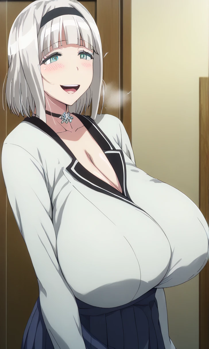  1 girl, Alone,  masterpieces during breakfast ,  top quality,  detailed face ,Detailed body, Anime Screen Capture , Shimoneta , Anna_nishikinomiya,  1 girl, Alone,  short haired , Grey Hair,  headband, ,  choker, chest, large chest, School, yandere, open mouth, Shimoneta, 、  zzz c up  , 爆発的なchest,特大の Big Breasts,Big Breasts, Big Breasts,超Big Breasts, supermilk ,big Breasts,big Breasts,Big Breasts,Big big breasts,bigger breasts,big, セクシーな大きなシリコンの Big Breasts, セクシーなビッグサイズのシリコン製Big Breasts,  saggy breasts during pregnancy,((垂れ下がった Big Breasts)),((重く垂れた Big Breasts:1.5))、Obscene body,Fat ,,  Erotic Manga Style Body  、 mature mature body steam、 Ser's Huge  、 Ser's Huge  、 sアップer exaggerated 、 extra large、 over covered ,  Hidden Breast Erection 