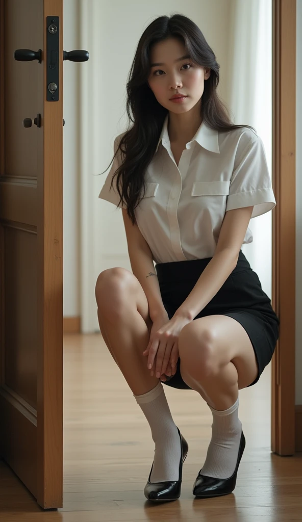 sitting in a school chair、squint、(Pleated skirt)、shirt、squint、Drunk、(Sexual Ecstasy)、Glasses、Highest quality, Realistic, Super delicate illustration, Beautiful and attractive girl, Slender body, One Girl, Girl Photos, Full Body Shot, Panty Shot、