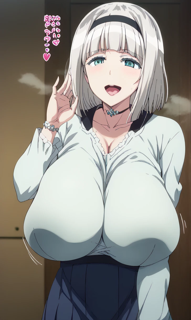 (best quality:1.5, highres, UHD, 4K, detailed lighting, shaders), white hair, ponytail, beautiful, large breasts, sexy, erotic, lewd, cleavage, thighs, smiling, crotch, (pov, close shot), night bedroom background, showing armpit, armpit, without clothes, nsfw, lewd, showing pussy, pussy, sweating, (dark skin)