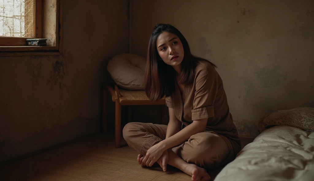 ((ultra-realistic photo)) [A 19-year-old beautiful Indonesian girl with long, flowing hair, wearing a long, worn-out brown pajama, sits in the corner of a modest bedroom. Her face is filled with deep sadness, her mouth slightly open as she speaks through her tears. The room is simple, with a small wooden bed that looks modest and well-used, and some aged furniture scattered around, showing signs of wear and tear. The walls are made of woven bamboo, typical of a rural Indonesian home. The lighting is very dim, with minimal light coming from a small window, casting long, soft shadows and giving the room a dark, melancholic atmosphere. The textures of her clothing, the bed, and the bamboo walls are highly detailed in 8K resolution, highlighting the sadness in her expression and the simplicity of the rural bedroom.]