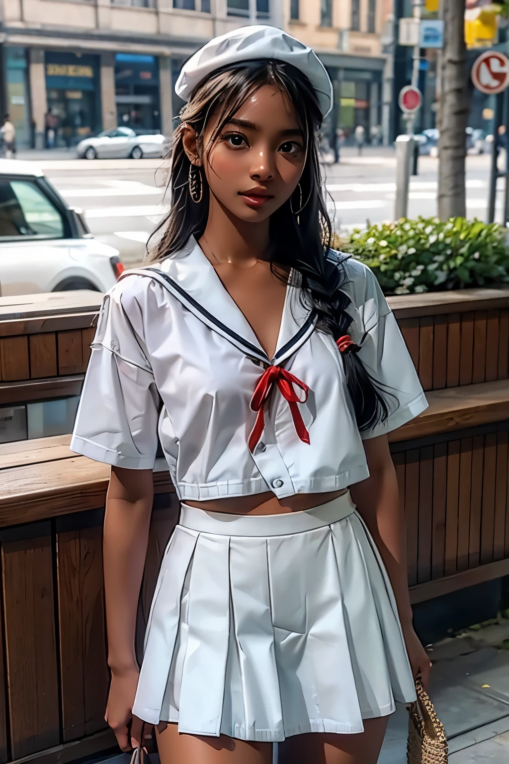 1 girl, high definition , High Quality , masterpieces during breakfast , white sailor suit, red ribbon, braided ,Super beautiful girl,dark skin, enchanting face 、Highly detailed faces、 perfect face、golden balance,Professional photography,In the city, mini pleated skirt to hide crotch
