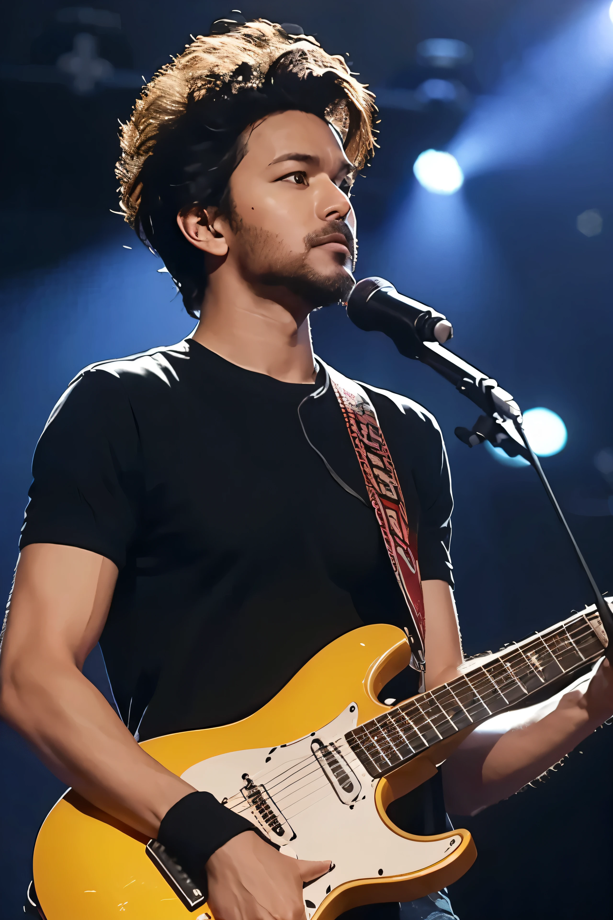 1man, a Matured man with a guitar in front of a stage with lights, holding electric guitars, holding an electric guitar, holding a electric guitar, holding electric guitar, singer in the voice show, playing guitar onstage, rocking out, he is a rockstar, guitarist, enes dirig, holding a guitar, man playing guitar, holding guitars, performing on stage, musician, album art, cinematic, LED BG, cheering
