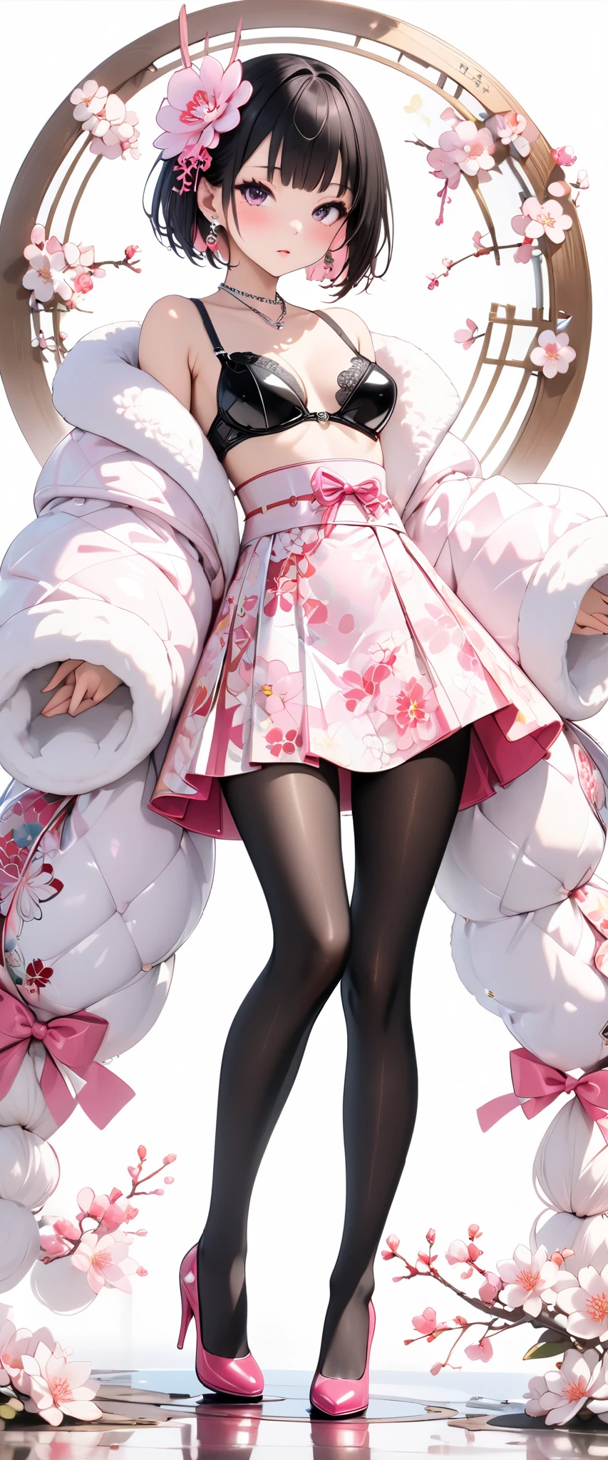 girl in a short skirt in knee-length stockings, red-pink hair,Twin Tail, full height, different patterns in the background, 3D wallpaper.