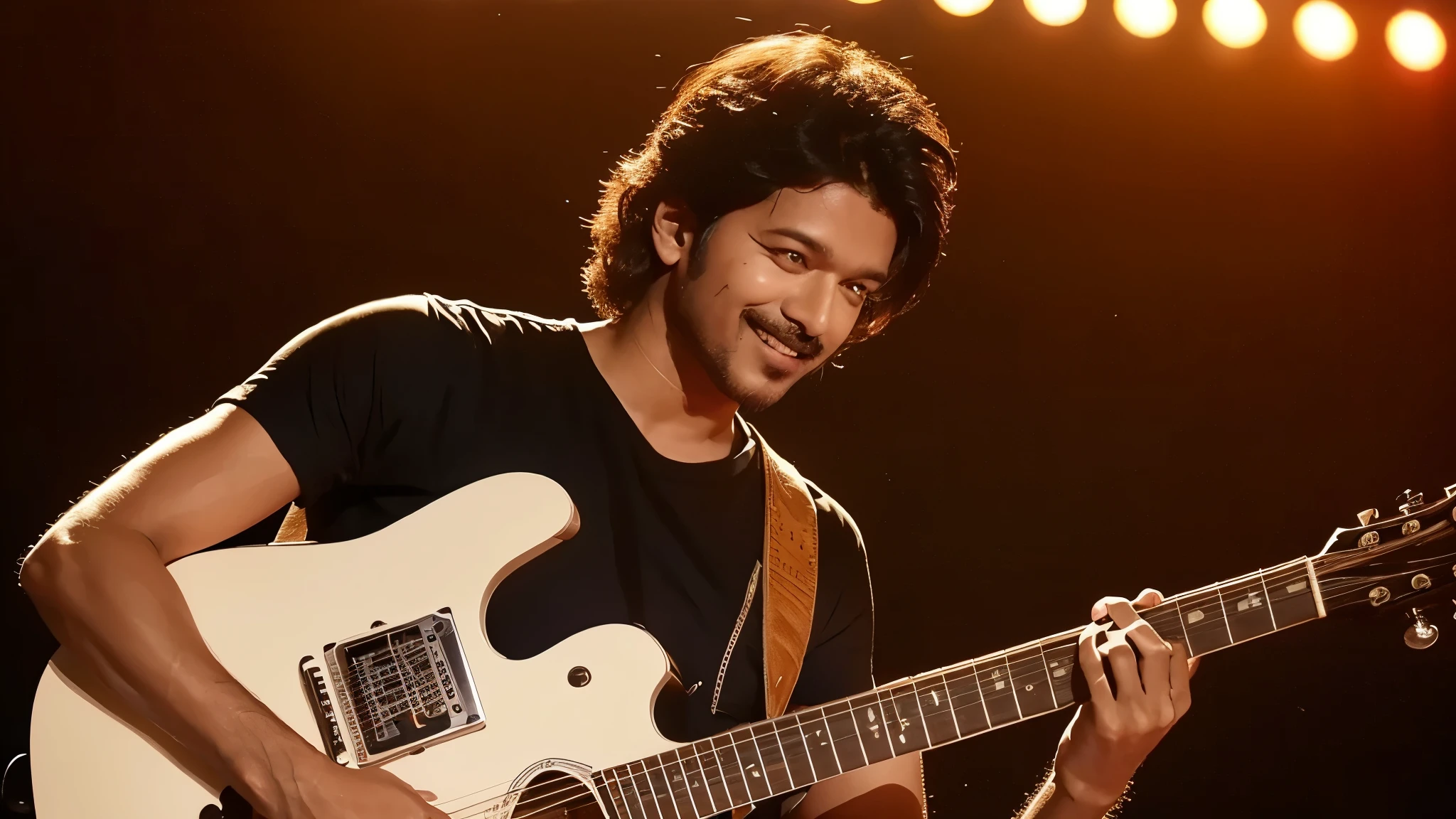 1man, a Matured Indian man with a guitar in front of a stage with lights, close up, detailed face, open eyes, staring audience and smiling, holding electric guitars, holding an electric guitar, holding a electric guitar, holding electric guitar, singer in the voice show, playing guitar onstage, rocking out, he is a rockstar, guitarist, enes dirig, holding a guitar, man playing guitar, holding guitars, performing on stage, musician, album art, cinematic, LED studio luxury lighting, cheering
