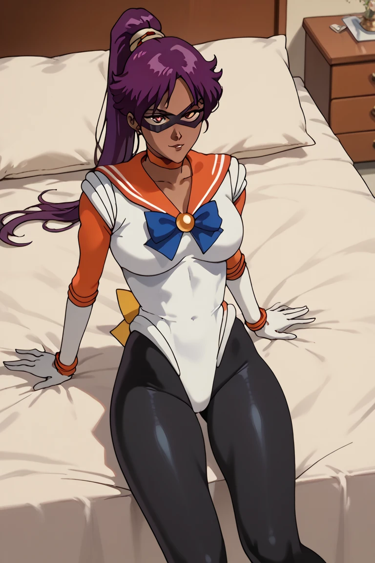  spandex White  leotard　 bed　 invited position 　 sexy　 showing private parts 　 open thighs　 　　　M-shaped legs　Sailor　Venus costume
   ecstatic expression　thick  ninja mask
yoruichi　black leggings