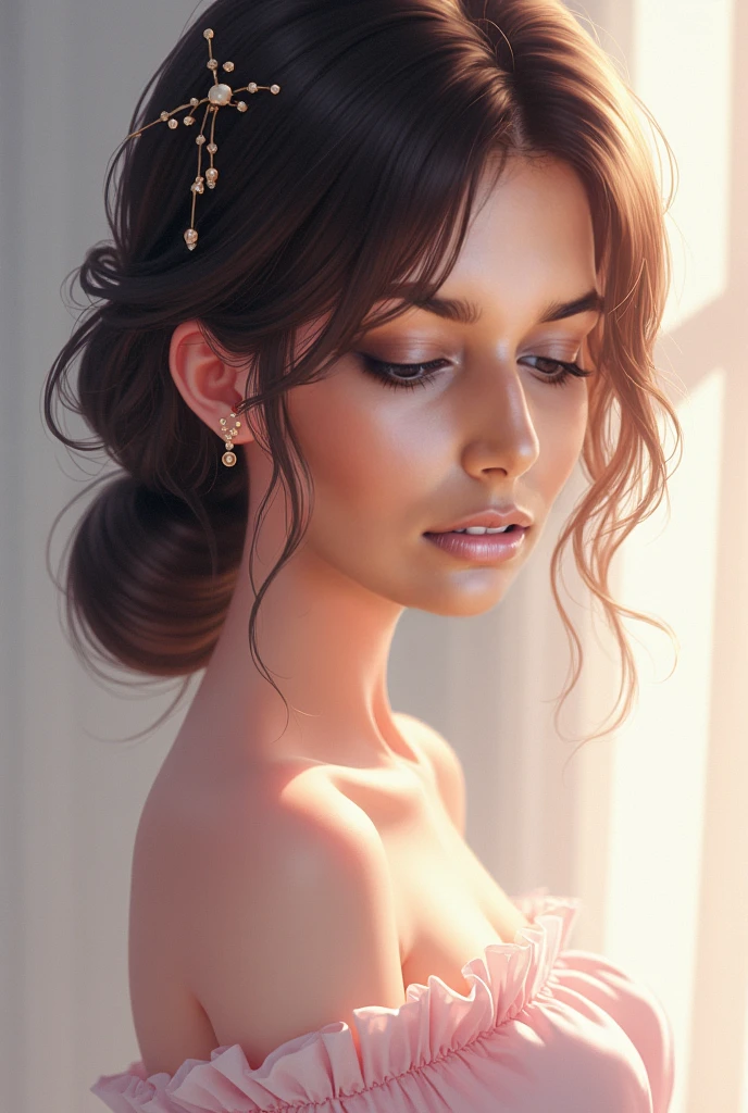 portrait, 1girl, ((thoughtful expression, mouth closed, eyes half-closed, one raised eyebrow)), brown eyes, sandy blonde hair, chignon, || portrait, skin, hair, fabric, masterpiece, 8k, high resolution, shallow depth of field, sharp focus
