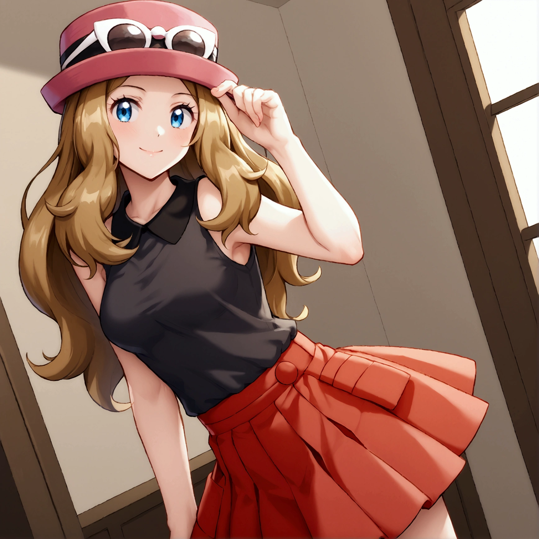 serena, long hair, blue eyes, brown hair, eyewear on head, hat, skirt, sunglasses, shirt, black shirt, sleeveless, red skirt, pink hat, stand, Confident pose, Room, Displeased face, Beautiful view, good atmosphere