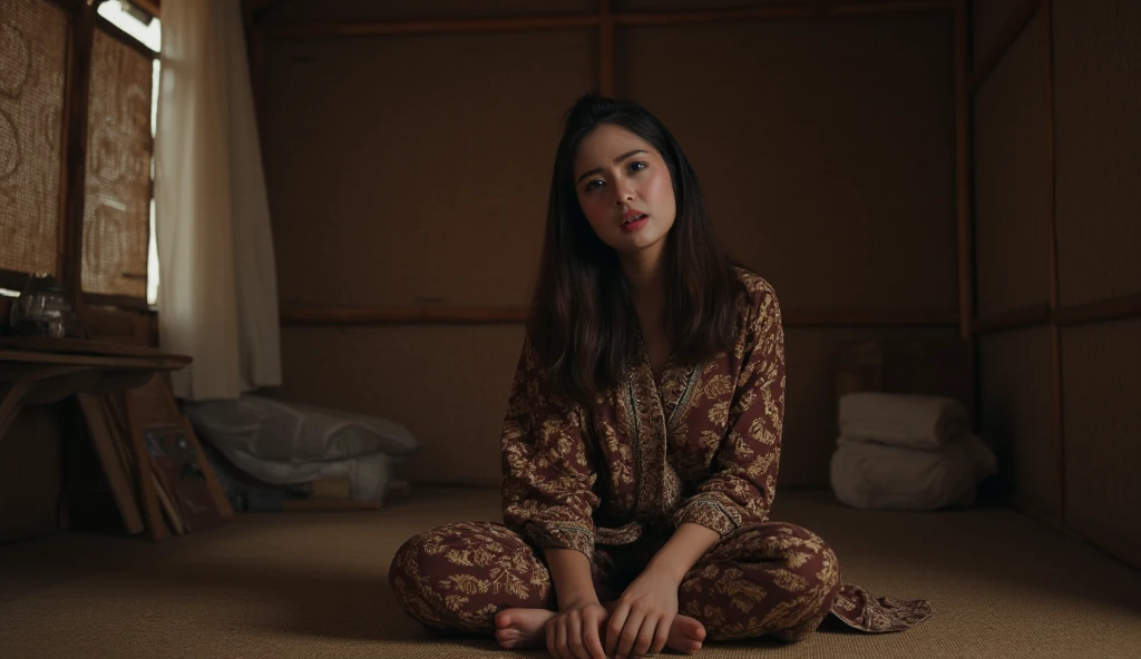 ((ultra-realistic photo)) [ sad A 19-year-old beautiful Indonesian girl with long, dark hair, wearing a long, worn brown batik pajama, sits in the corner of a modest bedroom. Her expression is one of deep sadness, with tears streaming down her face as she speaks, her mouth slightly open in distress. The room is simple and dark, with a small bed that looks modest and worn-out furniture scattered around, including a small wooden table and chairs. The walls are made of woven bamboo, typical of a traditional rural Indonesian home. The dim lighting from a single light source casts soft shadows, enhancing the sorrowful atmosphere. The textures of the bamboo walls, her batik pajama, and the simple furniture are captured in 8K resolution, highlighting the emotional tension and rustic simplicity of the room.]