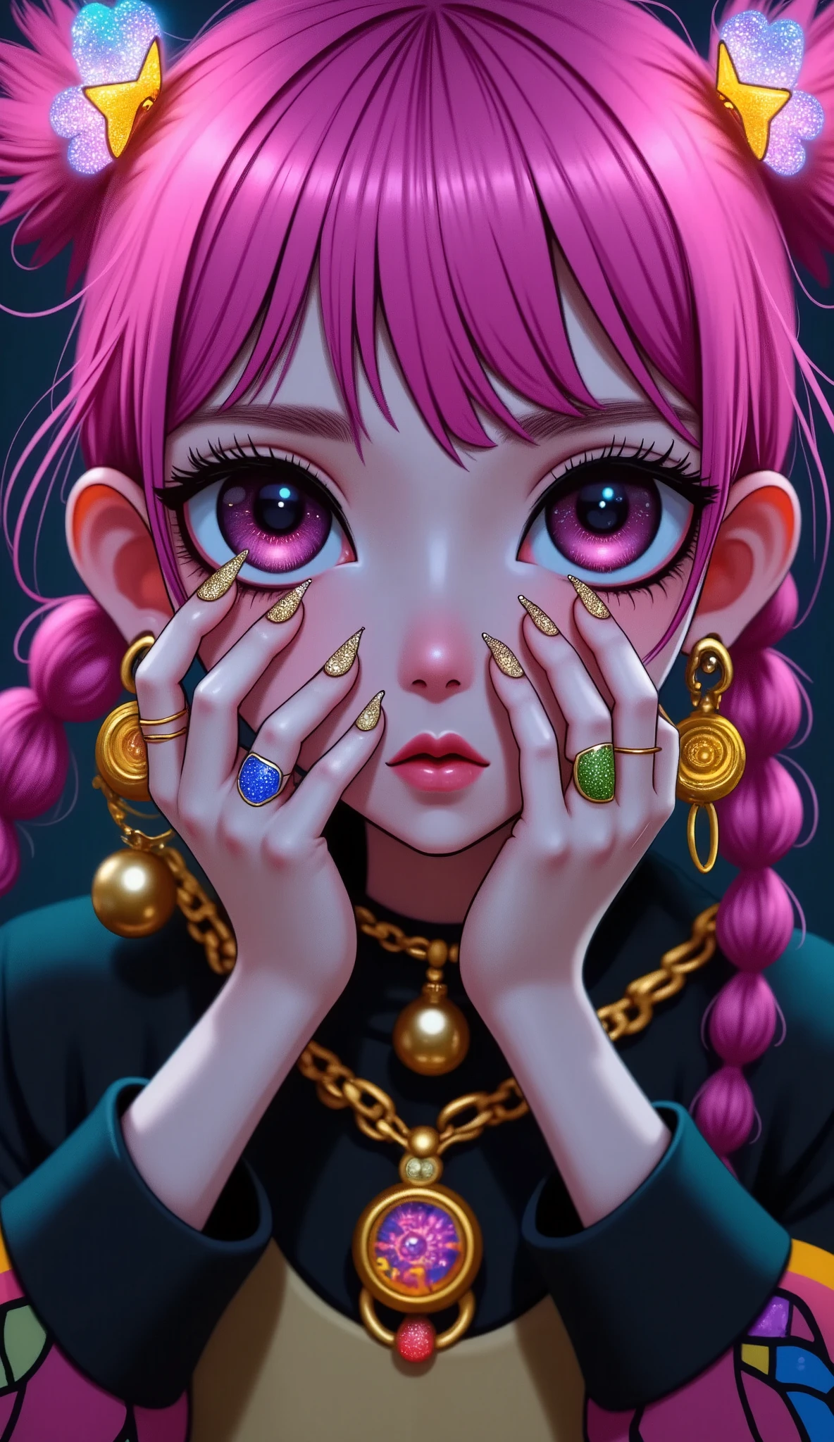 a close up of a woman with pink hair and twin braids a wreath of neon lights in the shape of stars around her head,  her hands are on her face with her fingers separated showing her eyes ,  long false nails ,  colored with glitter ,  bangs on her fingers she wears rings ,  gold pendants and necklaces ,  false eyelashes ,  lips painted with glitter , eyelids painted ,  cyberpunk art inspired by Yanjun Cheng ,  trend in CGSociety , Gothic art,  artwork in the style of Guweiz , loish and Oh!,  detailed digital art anime , guweiz, Hyperrealistic cyberpunk style, Oh! |, Beeple y Jeremiah Ketner, chiaroscuro, cinematic lighting, UHD, Retina,  masterpiece , Accurate, anatomically correct, textured skin, Super detail, high details, high quality,  award winning , best quality, highres, 1080P, HD, 16K