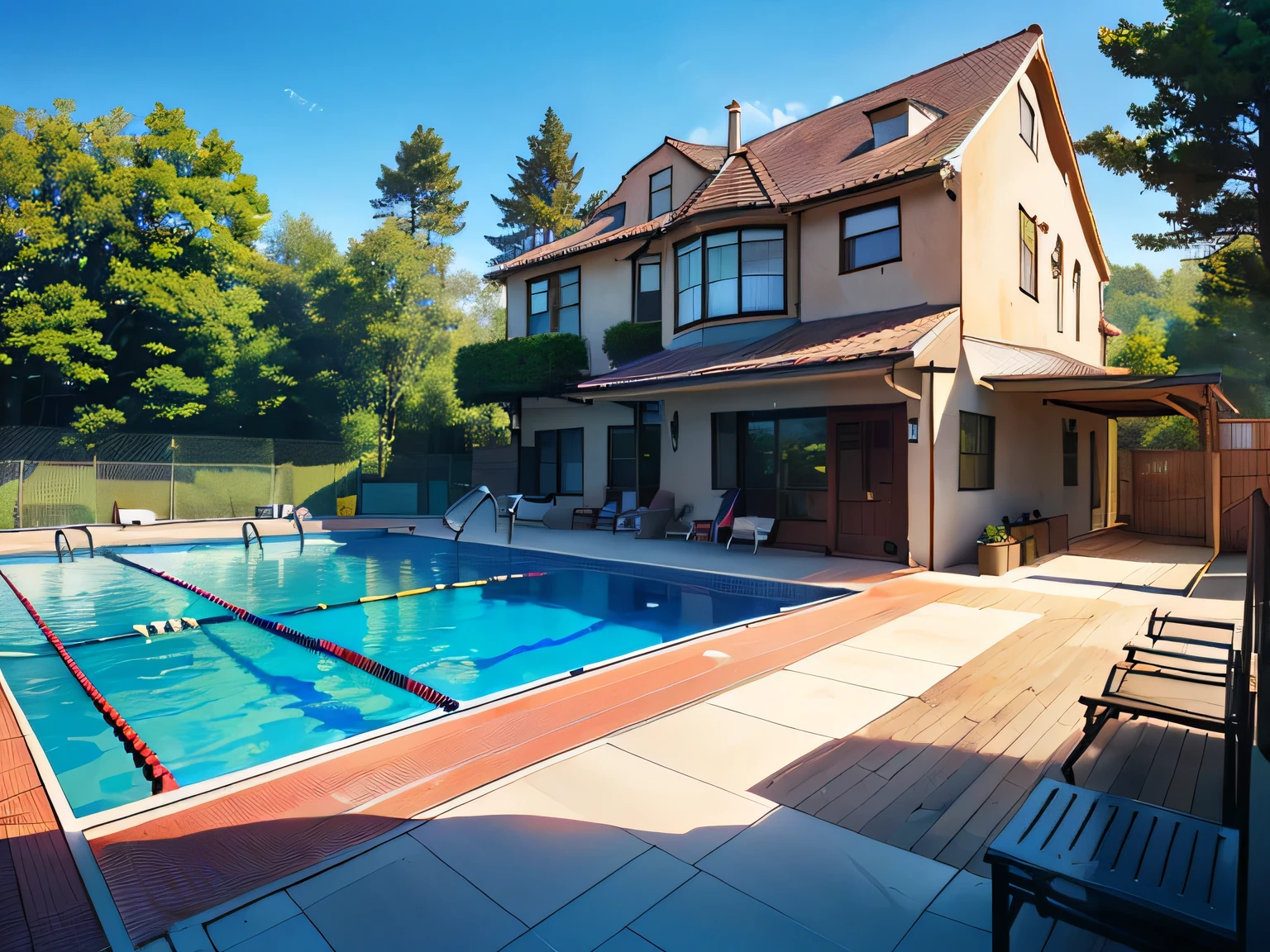(((Imagine a large two-story house which is in a neighborhood full of trees and more houses with a track in the middle while in the back there is a large pool and almost outside a sports bike in a super cool color))).
((sunny)) (high quality) (nice view)