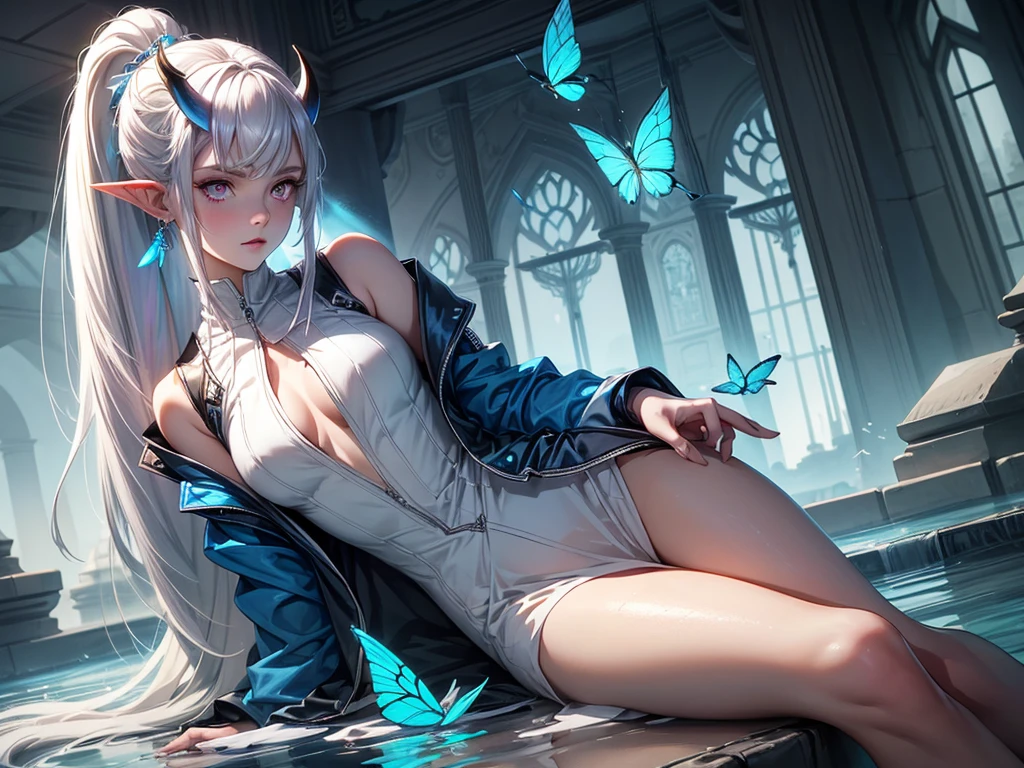 1 girl, blonde, sexy pose, blue guitar, blue dragon wings, blue dragon tail, women's blue boots, blue short jeans, transparent clothes, clouds, blue horns, high resolution, bar room, night bar, blue electric lightning, big breast, blue cup bra