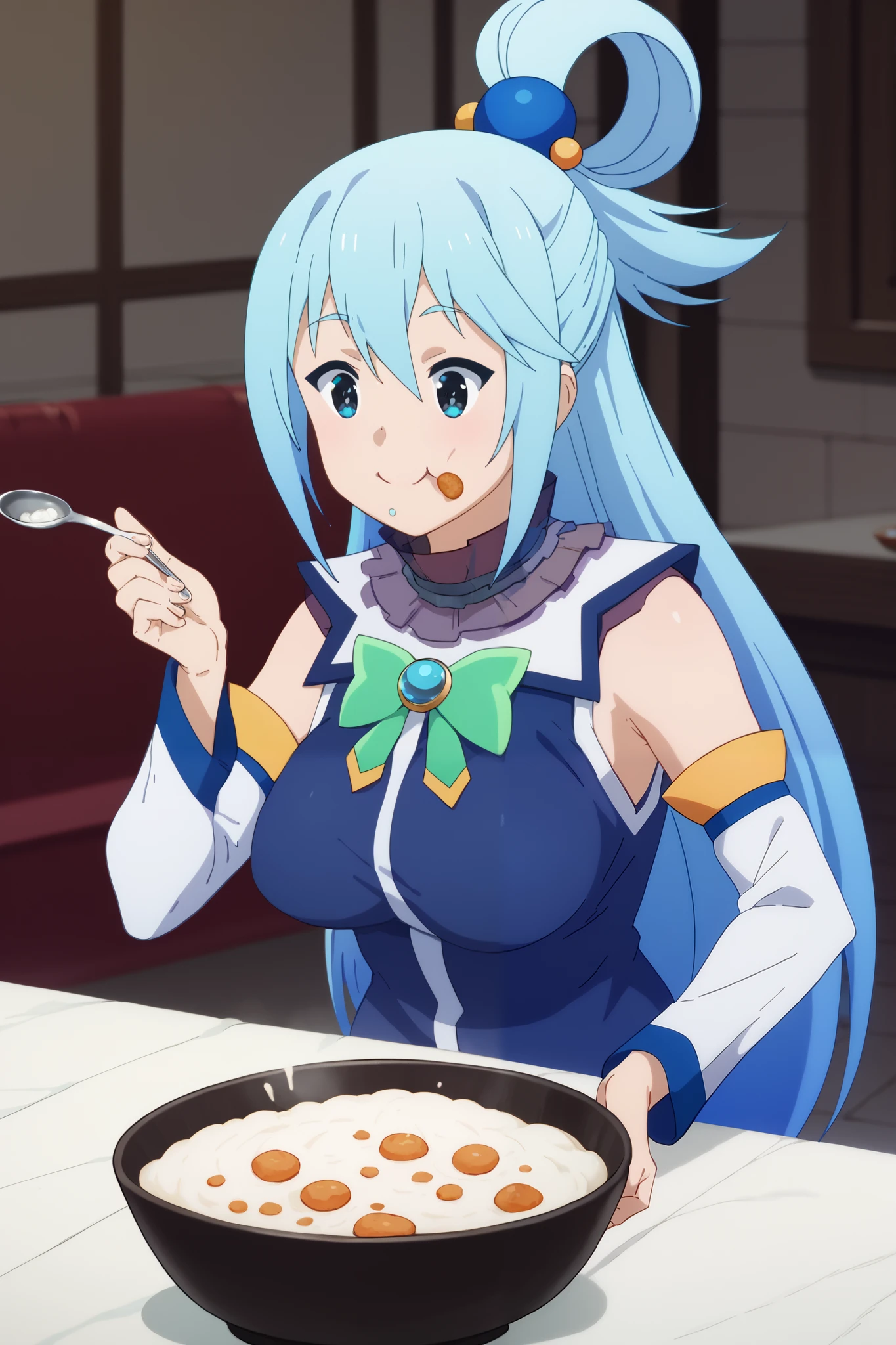 Masterpiece, 4K, Ultra detailed, pretty girl eating a big bowl of rice,score_9, score_8_up, solo, masterpiece, best quality, highres ,saggy breast,Aqua_(Konosuba),aqua,high ponytail,spoon