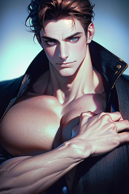 (absurderes, A high resolution, Ultra detailed, hdr), Masterpiece, Best quality, Portrait of a boy, Handsome boy with red eyes, Detailed face, Professional photo, The Alafed man is shirtless, Leaning comfortably，legs are open, (puffynipple(From below:1.1)), Focus on your audience,25 year old boy, Handsome boy, [ Firmly defined body ]，Light blue shirt open，Abs，chest muscle，short white pants，large bulge，white shoe，Big windmill，superman,