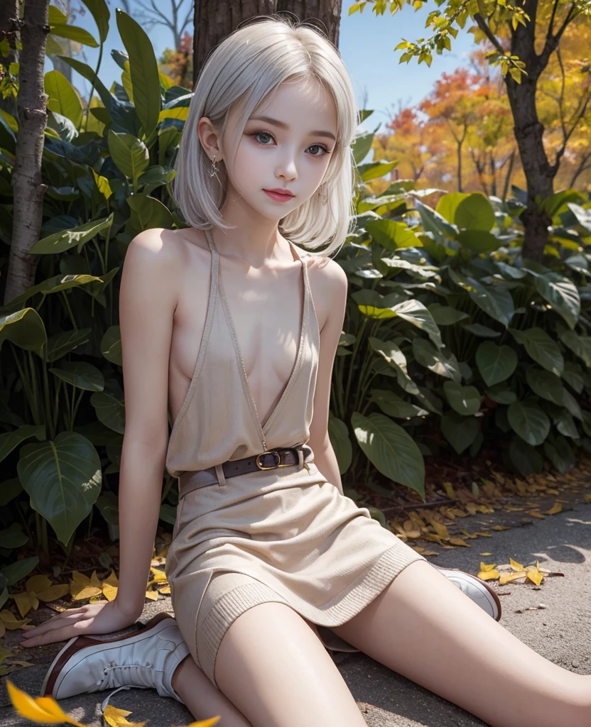 (European  girl)), Popular models、Ethereal beautiful body, jaw-dropping beauty、slim, Petite, Soft light, Shiny blonde hair、Blonde Shorthair、blue eyess、 ((David Hamilton Style)), closeup picture, masutepiece, Best Quality, Photorealsitic, Raw photo、8K, High resolution, Detailed skin, 8K UHD, Digital SLR, Soft lighting, High quality, Film grain, FujifilmXT3, Full body, Naked, In the park、Open your legs wide、Bend your knees and open your legs,、