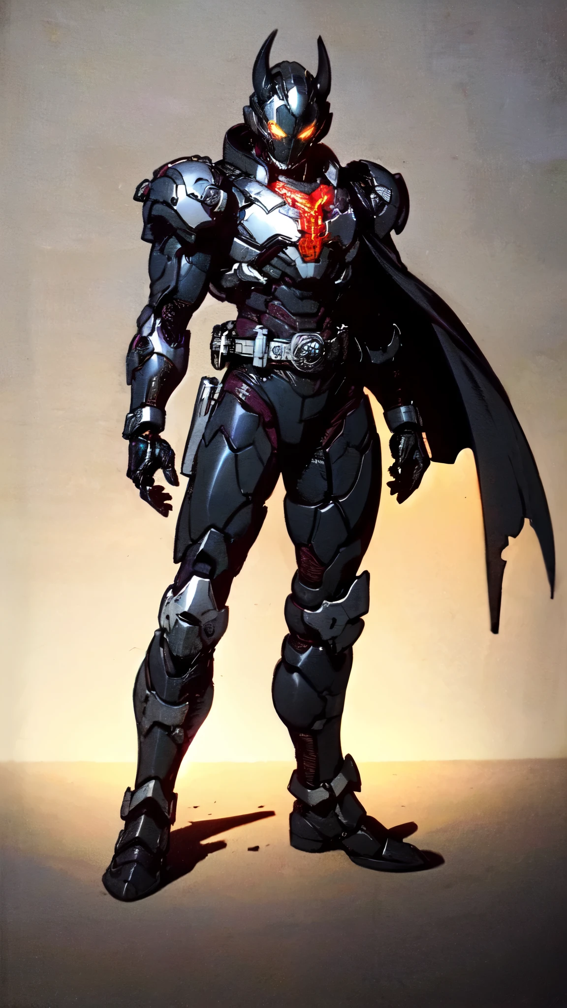 (masterpiece:1.5, best quality:1.5, extremely delicate:1.5), ((male:1.5)), a man wearing a full-face helmet, high-tech biomimetic armored combat suit, (a composite layered chest armor), the design balances heavy with agility, fully enclosed shoulder guards, matching arm and leg guards, a belt of gemstone, (the color scheme is primarily Yellow with Red and Purple accents, Organic Biotech, Concept Inspired by Vampire, glowing eyes, armor glows, huge cloak like devil wings, blood), stand of a futuristic sci-fi city, this character embodies a finely crafted fantasy-style armored hero in anime style, exquisite and mature art style, metallic, high definition, highres, ultra-detailed, ultra-fine painting, professional, perfect body proportions, golden ratio, anatomically correct, symmetrical face, extremely detailed eyes and face, high quality eyes, creativity, RAW photo, UHD, 32k, Natural light, cinematic lighting, (masterpiece-anatomy-perfect:1.2)