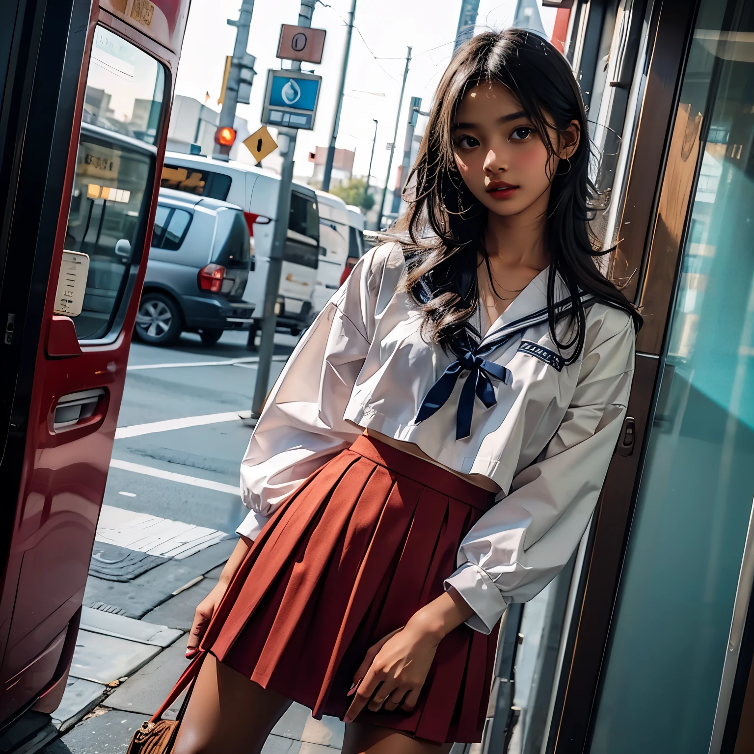  1 girl, high definition ,  High Quality ,  masterpieces during breakfast , white sailor suit, red ribbon,  braided ,Super beautiful girl,dark skin, enchanting face 、Highly detailed faces、 perfect face、golden balance,Professional photography,In the city, mini pleated skirt to hide crotch
