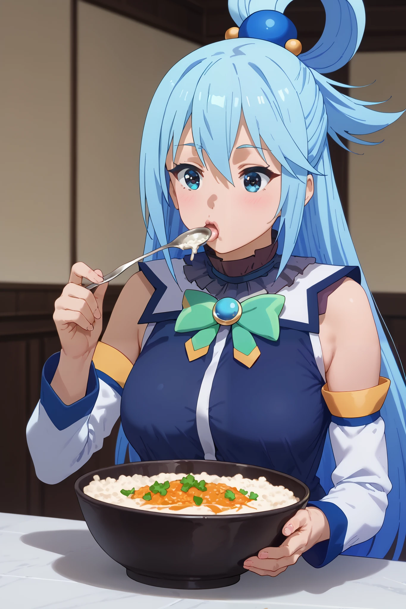 Masterpiece, 4K, Ultra detailed, pretty girl eating a big bowl of rice,score_9, score_8_up, solo, masterpiece, best quality, highres ,saggy breast,Aqua_(Konosuba),aqua,high ponytail,spoon,long eyelashes