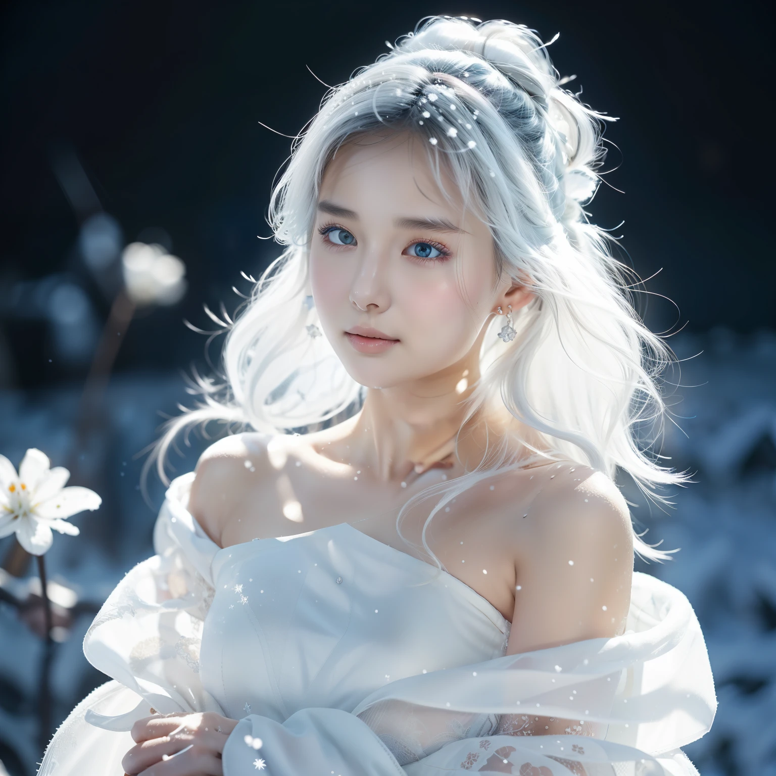 1girll,(Snow,Ice), snowflower, In winter, White hair, Shiny hair, Wavy hair, Transparent clothes, frilld, Lace, Wet clothes, Off_Shoulder, hair scrunchie,Masterpiece, Telephoto lens, absurderes, Exquisite facial features