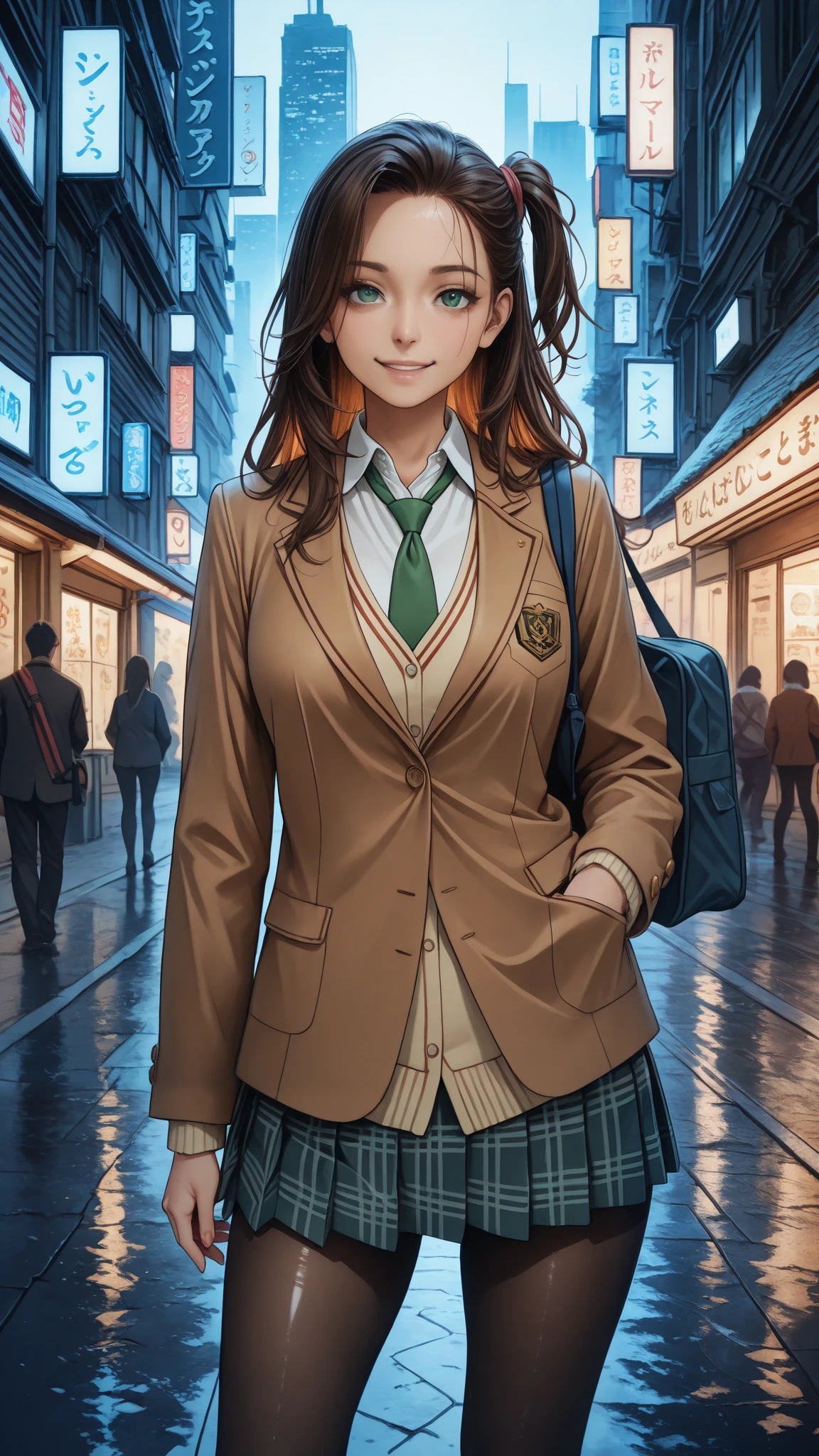 masterpiece, best quality, very aesthetic, realistic detailed anime, Sharp Focus, high contrast, 1girl, detailed green eyes, smile, semi-long hair, dark brown silky hair, hair styled in a center-parted slicked-back look, side ponytail, contrapposto, Captivating thighs, uniform, brown blazers, (hads in pocket, unbutton), Green tie, Plaid Pleated Skirt, black tights, rainy cyber city, at night